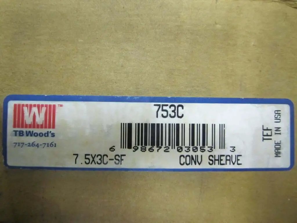Label of TB Wood's 7.5X3C-SF conveyor sheave, part of the 753C series, showing barcode and model information.