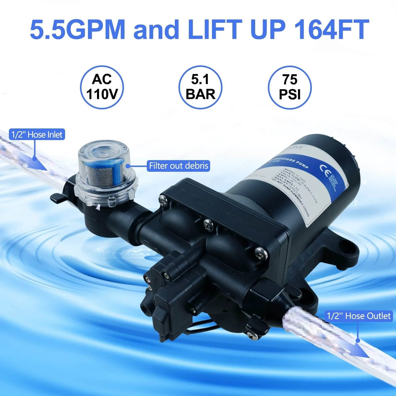 Tdrsuper Water Pressure Booster Pump, 110V AC Water Diaphragm Pump with hose connections, 5.5GPM, 75PSI, self-priming RV water pump.