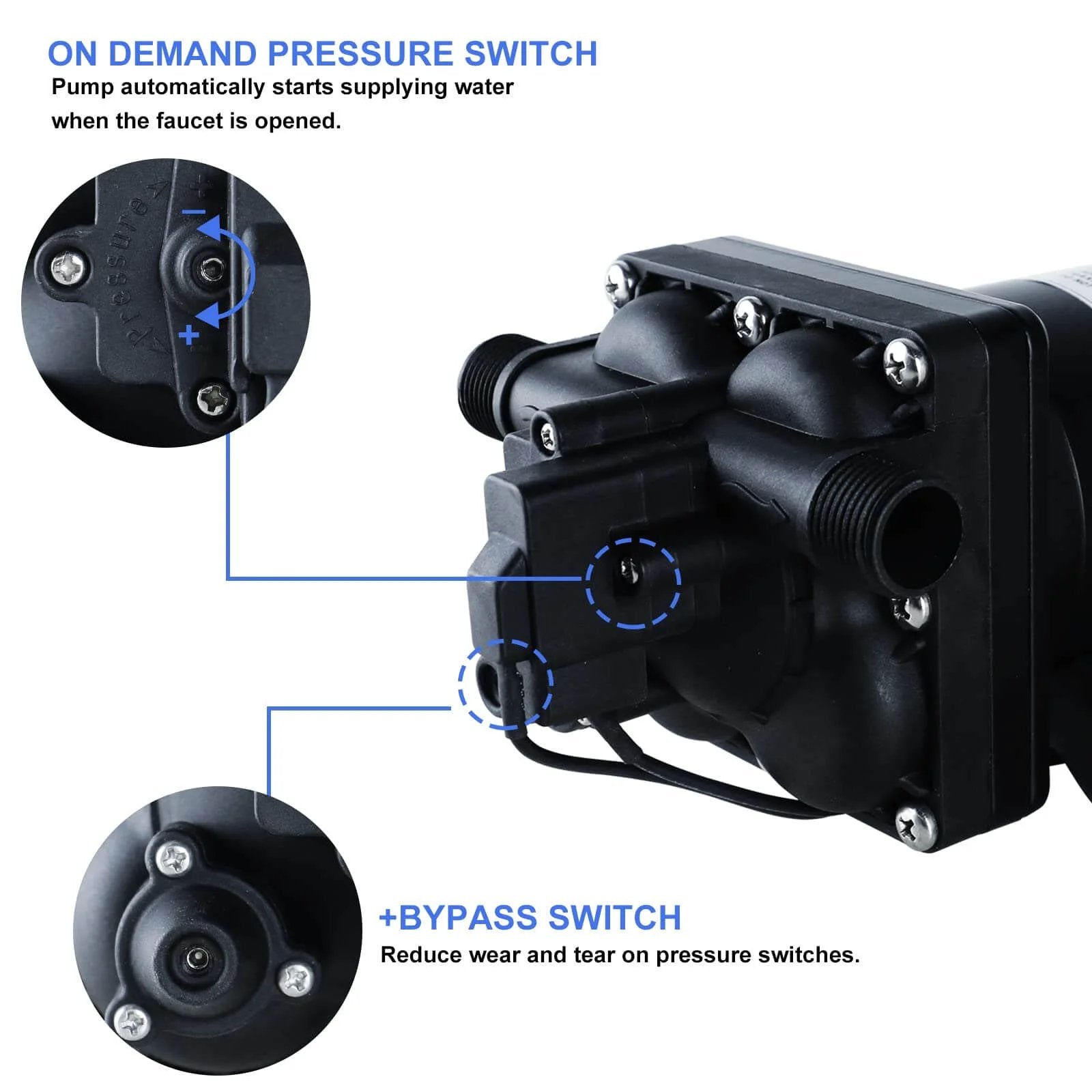 Close-up of Tdrsuper Water Pressure Booster Pump highlighting pressure switch and bypass features, 110V AC Water Diaphragm Pump, 5.5GPM 75PSI.