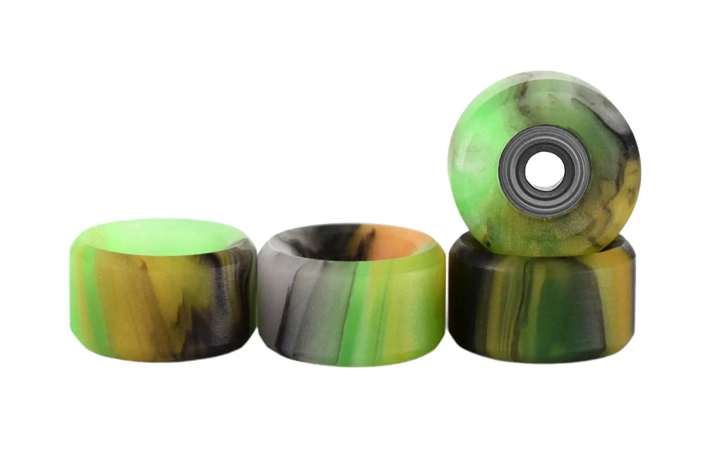 Apex 61D Slim Bowl Fingerboard Wheels With 7.5mm Urethane And ABEC 9 Stealth Bearings, Spooky Swirl Colorway for tricks and cruising.