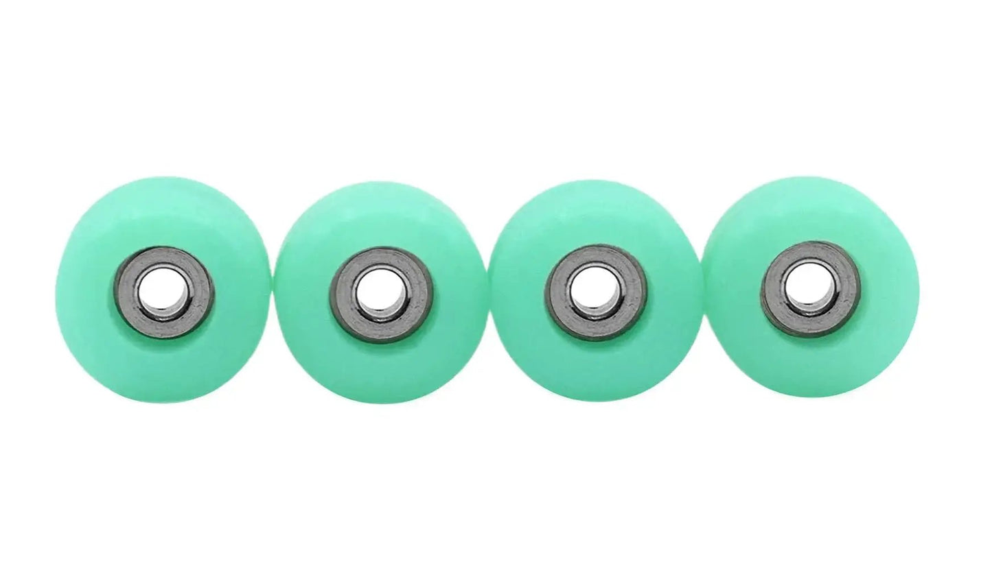 Apex 71D Urethane Fingerboard Wheels With New Street Style 7.7mm Diameter Ultra Spin Bearings Made In The USA UV Neon Teal Teak