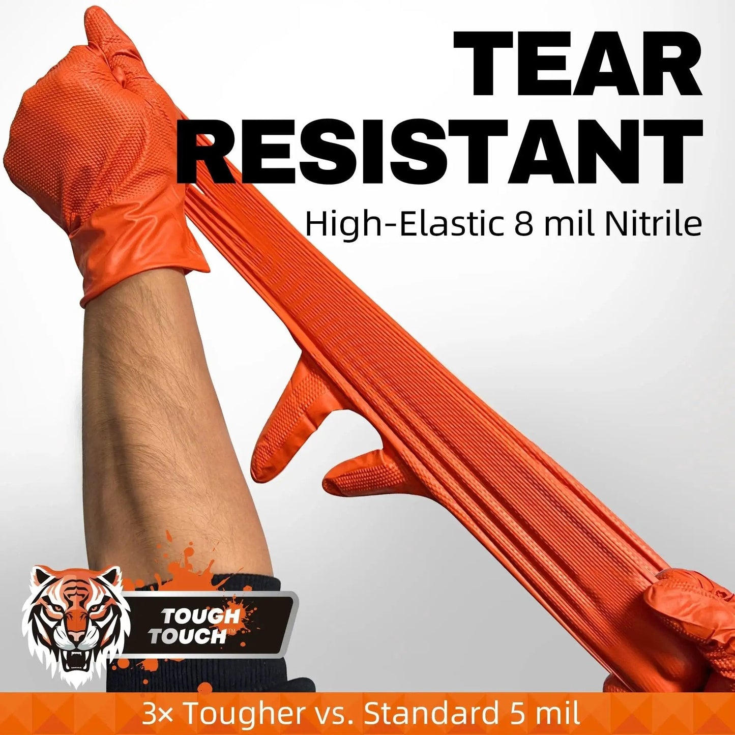 Person stretching 8 Mil Nitrile Powder Free Gloves Diamond Textured Heavy Duty Orange 100Pcs, showcasing tear resistance.
