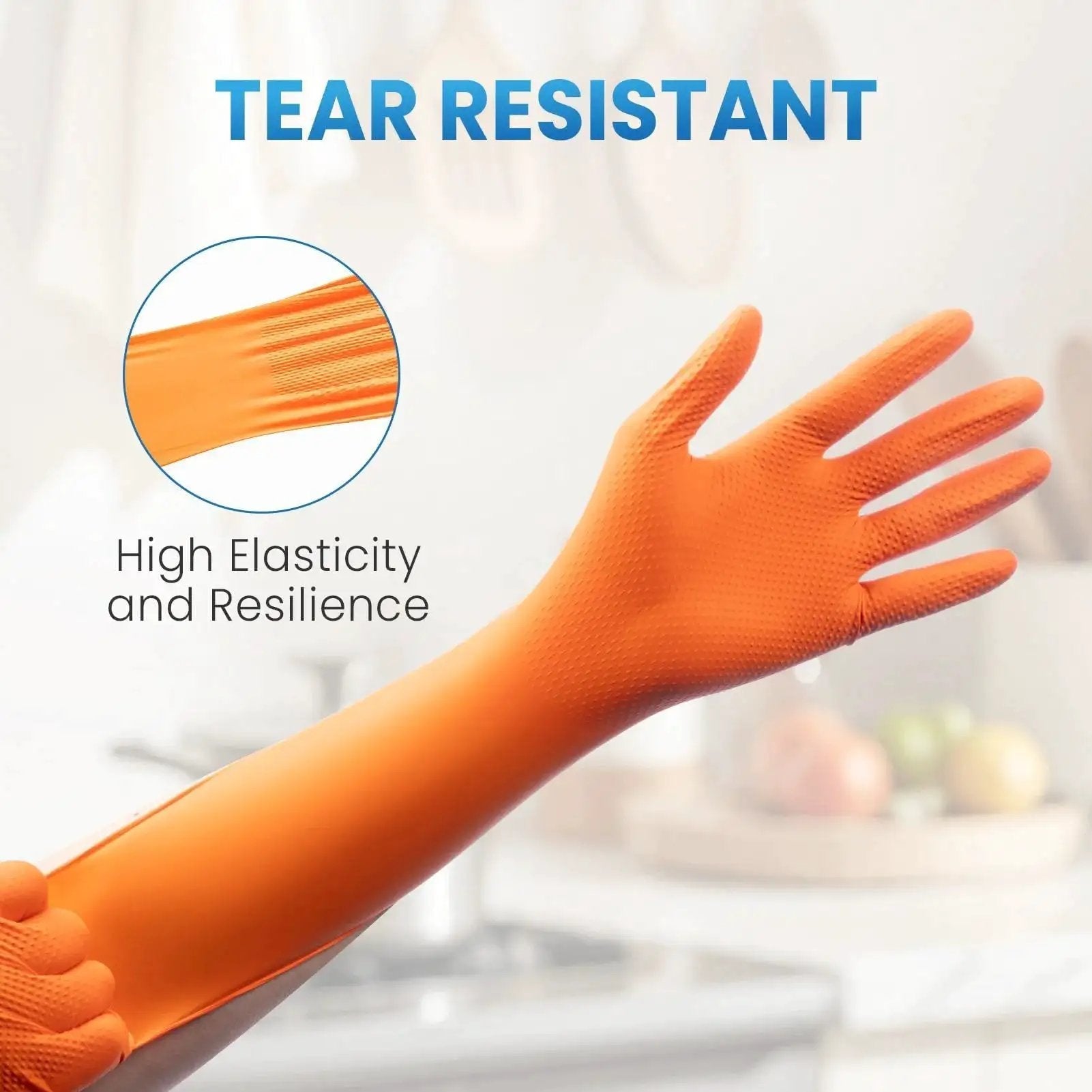 Orange 8 Mil Nitrile Disposable Gloves showcasing elasticity and resilience, tear-resistant, heavy-duty mechanic large, powder free