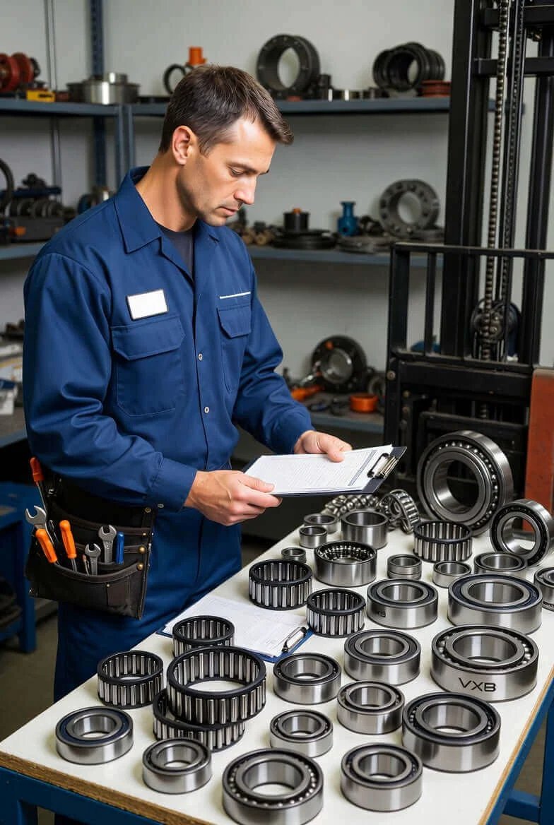 Technician inspecting industrial bearings, including forklift mast bearing 94447-01500 heavy duty replacement, in workshop setting.