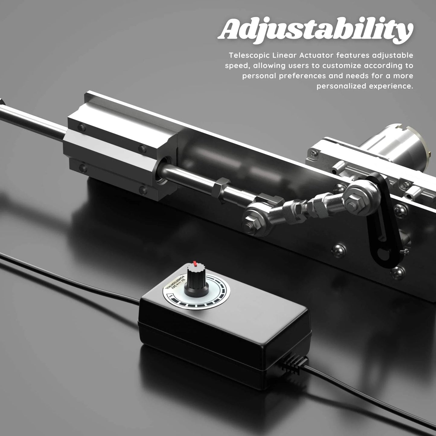 DIY Reciprocating Linear Actuator Stroke 2cm-8cm with Speed Controller, chrome tube and motor, 24V 120RPM, side view