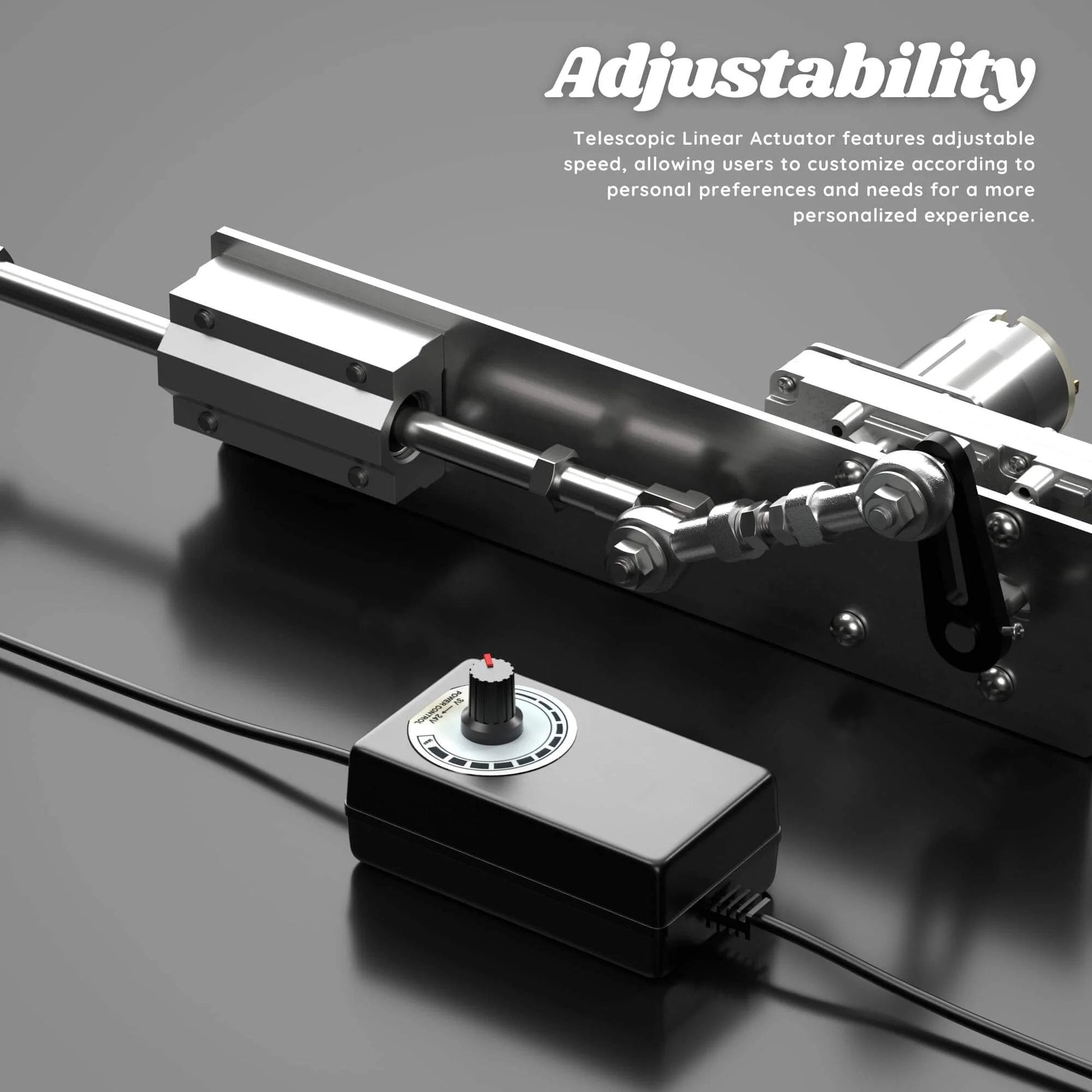 DIY Reciprocating Linear Actuator Stroke 2cm-8cm with Speed Controller, chrome tube and motor, 24V 120RPM, side view