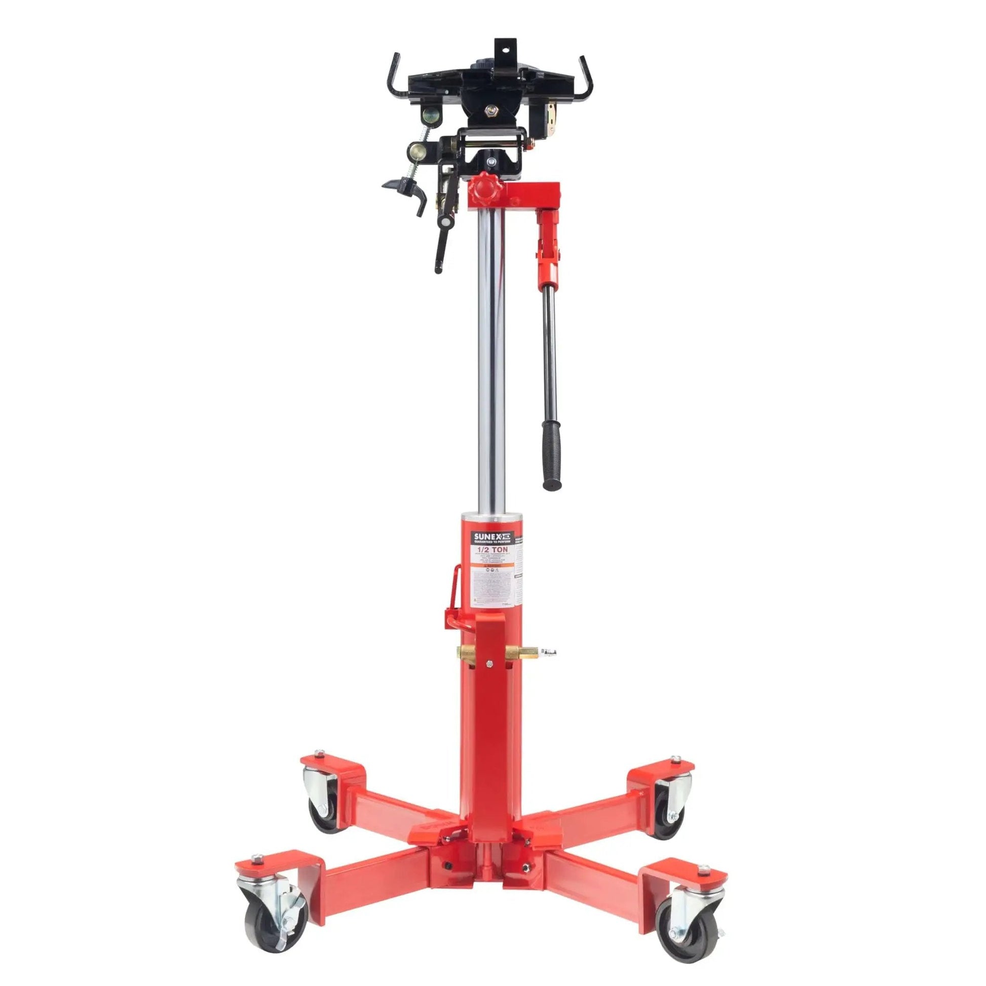 Front view of Beefy 1000 Lb Air And Hydraulic Telescoping Transmission Jack With Adjustable Saddle Arms, 35.5 In To 73.5 In Lift Range, Model 7796 For Transmissions, Transaxles And Transfer Cases In The Shop.