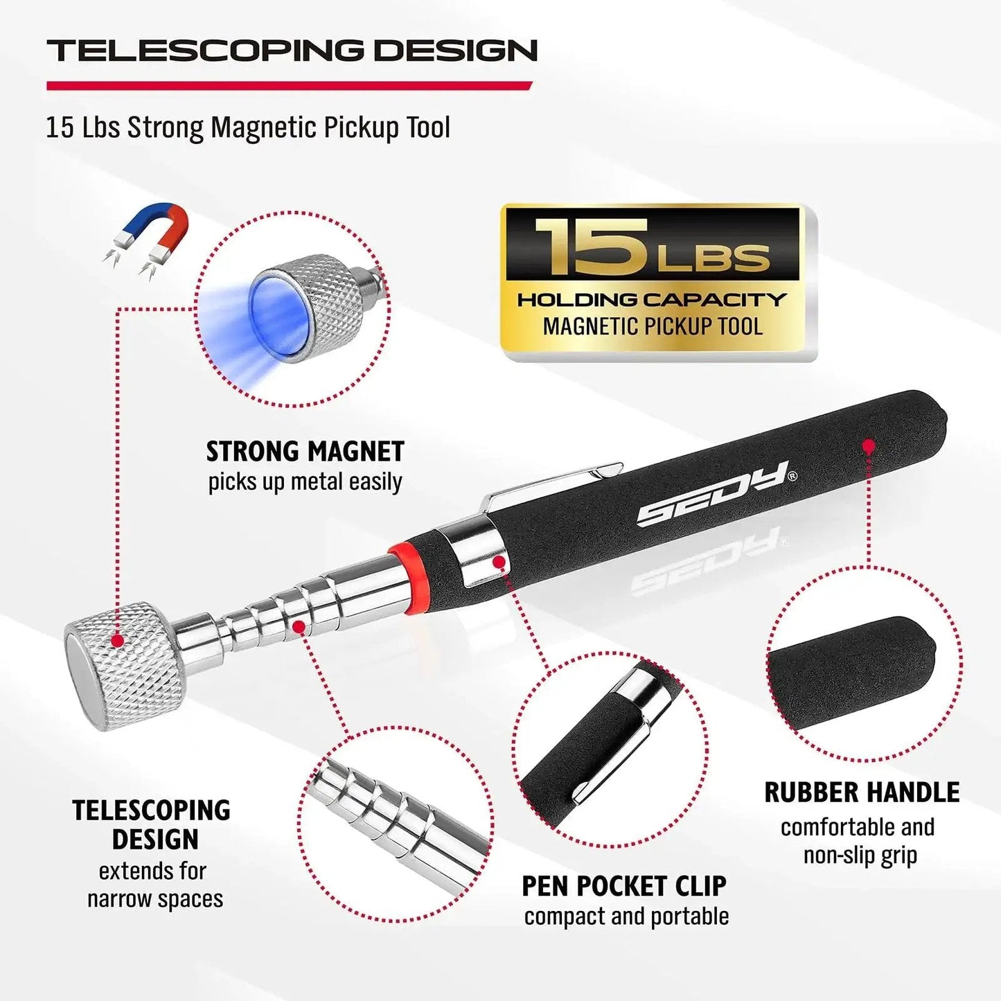 4 Piece Telescoping Magnetic Pickup Tool Set For Garages And Workshops Featuring A 31 Inch Telescoping Magnet Stick With 15 Lb Lift