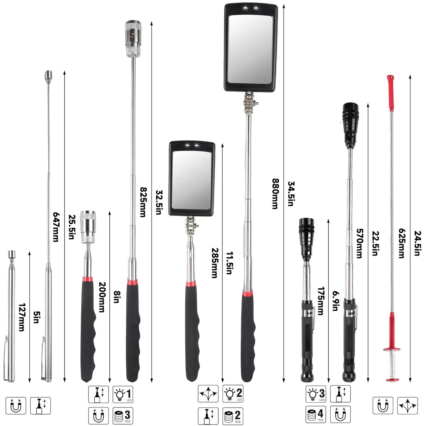 Effortlessly retrieve metal parts from tight spaces with this 5 piece telescoping magnetic pickup tool set, including strong magnets, a 360° inspection mirror, flexible LED flashlight, and four claw grabber for fast, safe access in engines and workshops.