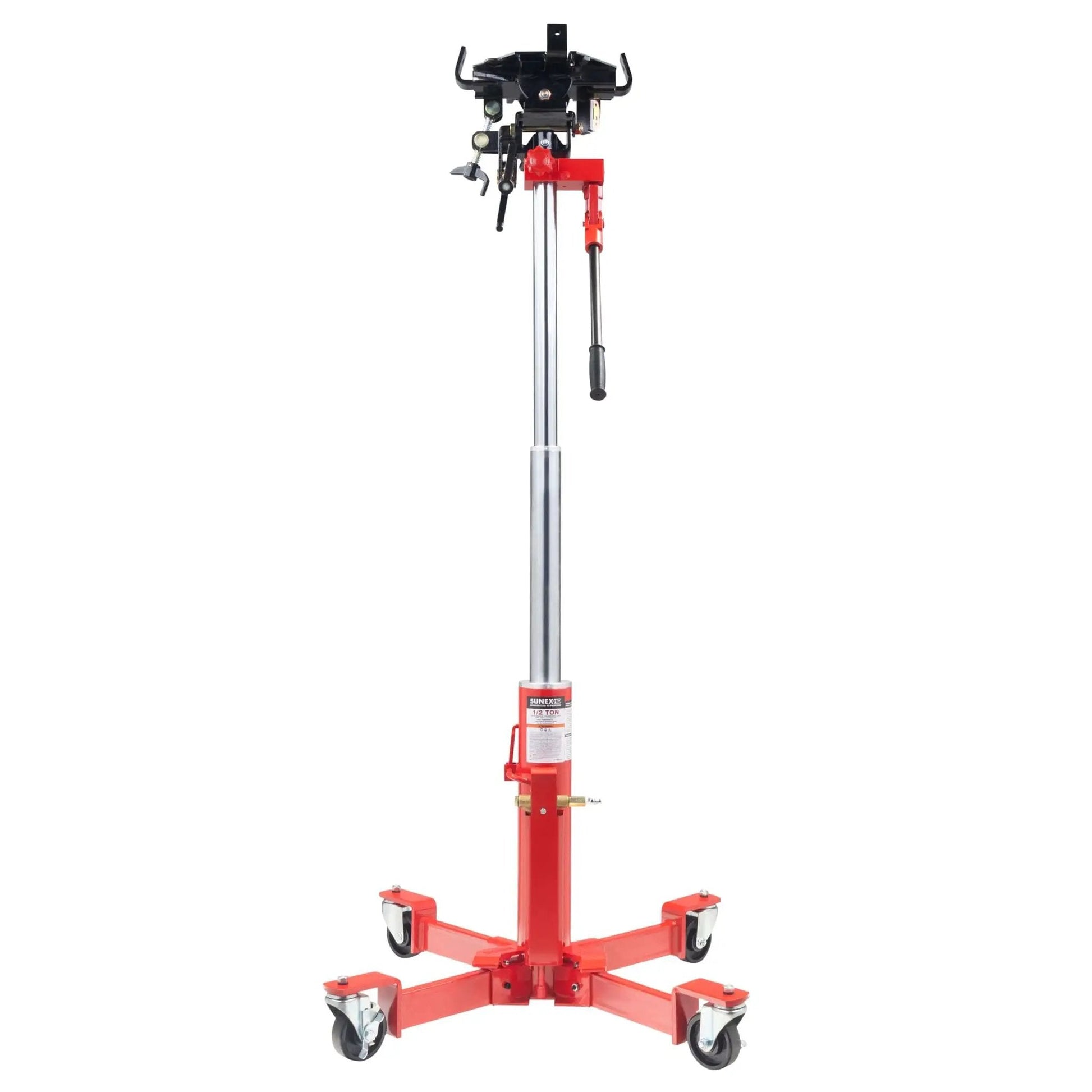 Front view of Beefy 1000 Lb Air And Hydraulic Telescoping Transmission Jack With Adjustable Saddle Arms, Model 7796, extended.