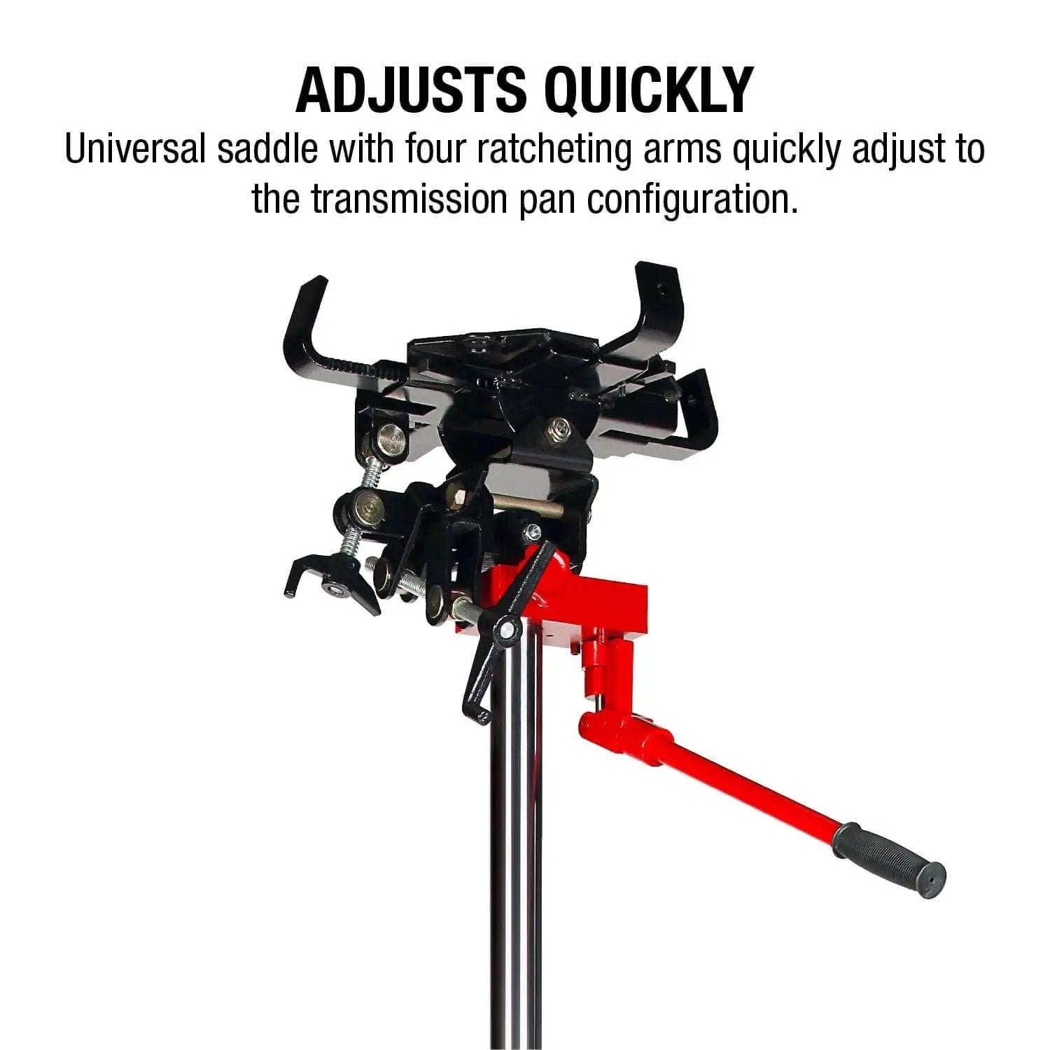 Beefy 1000 Lb Air And Hydraulic Telescoping Transmission Jack With Adjustable Saddle Arms, Model 7796 close-up view.
