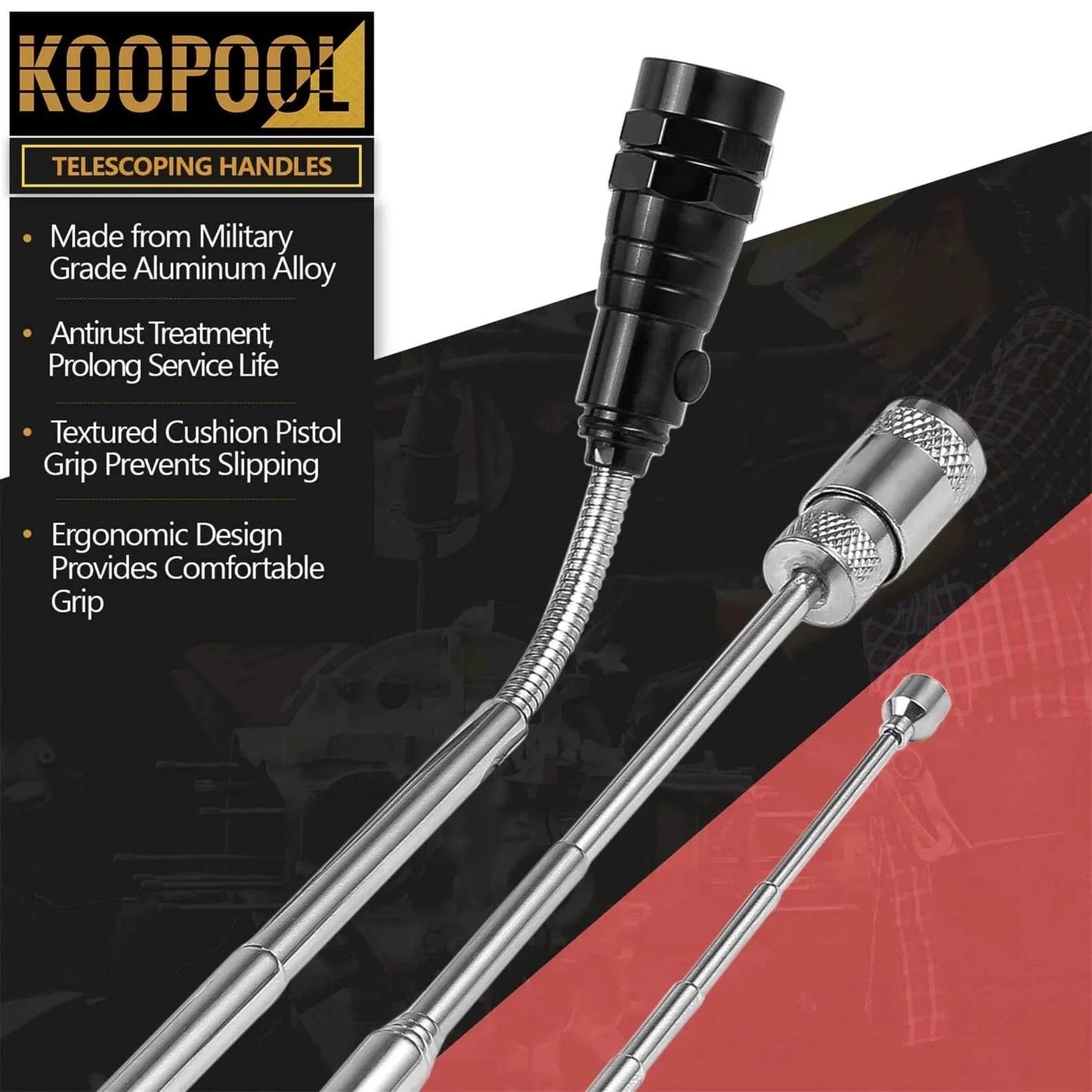 Telescoping Magnetic Pickup Tool Set features ergonomic design, aluminum alloy, and antirust treatment with magnet stick and LED flashlight.