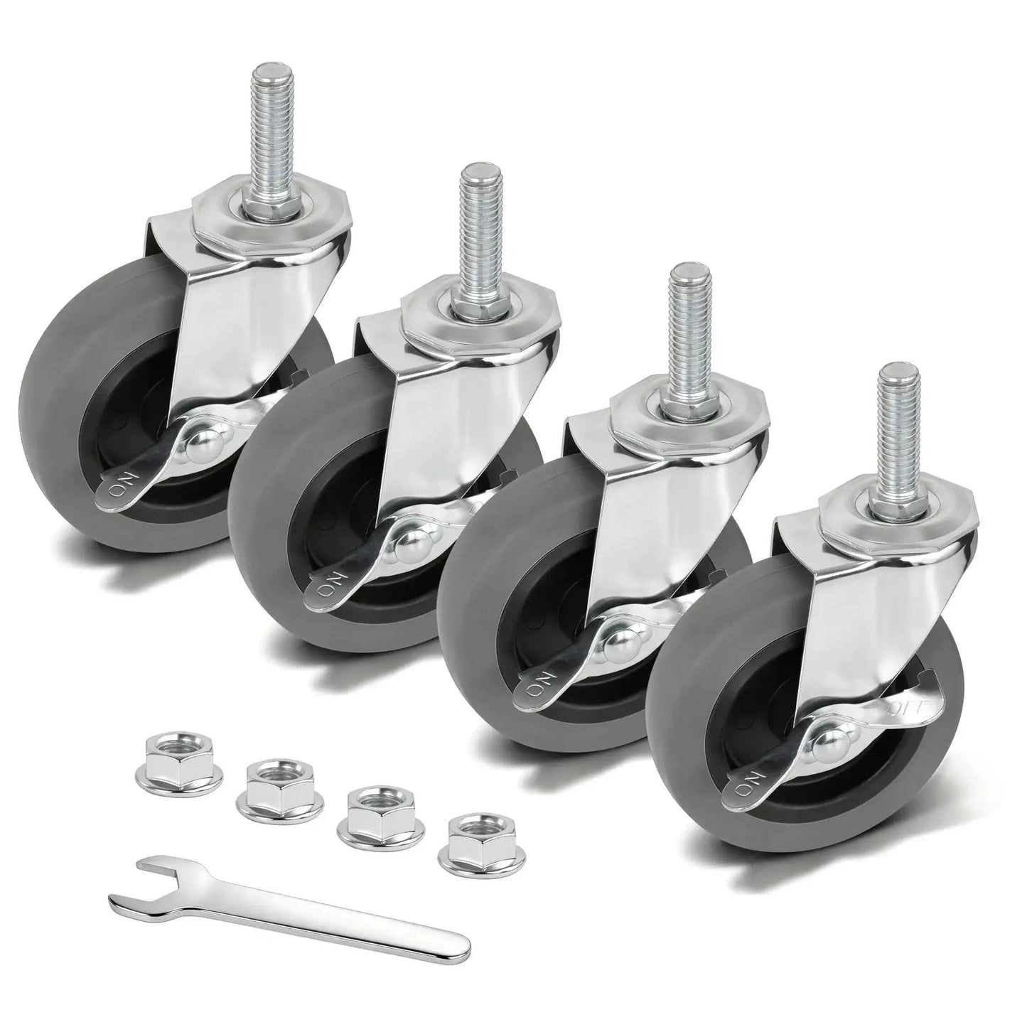 Heavy Duty 4 Inch Thermoplastic Rubber Caster Wheels Set Of 4 With 1/2-Inch-13 X 1-1/2 Inch Threaded Stem, Locking Brakes