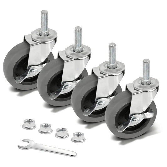Heavy Duty 4 Inch Thermoplastic Rubber Caster Wheels Set Of 4 With 1/2-Inch-13 X 1-1/2 Inch Threaded Stem, Locking Brakes