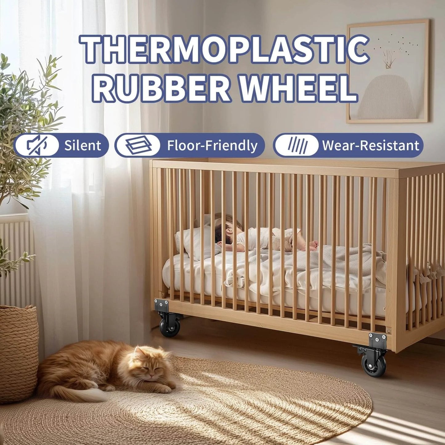 Wooden crib with 3 Inch Side Mount Plate Caster Wheels L Shaped Heavy Duty Set of 4 with Brake, sleeping child and pet cat