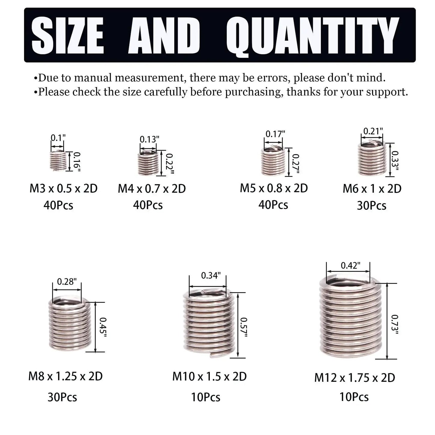 Pro Grade Wire Thread Inserts Kit In 304 Stainless Steel Assortment For Metric M3 Through M12 Sizes Helical Thread Repair Inserts chart