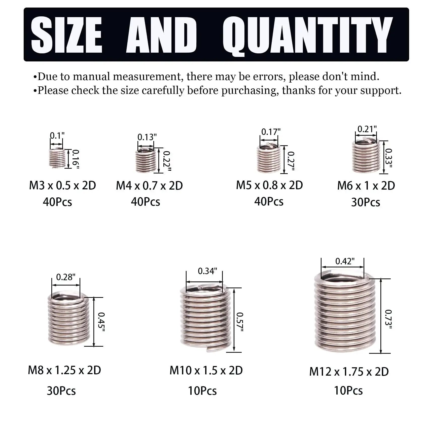 Pro Grade Wire Thread Inserts Kit In 304 Stainless Steel Assortment For Metric M3 Through M12 Sizes Helical Thread Repair Inserts chart