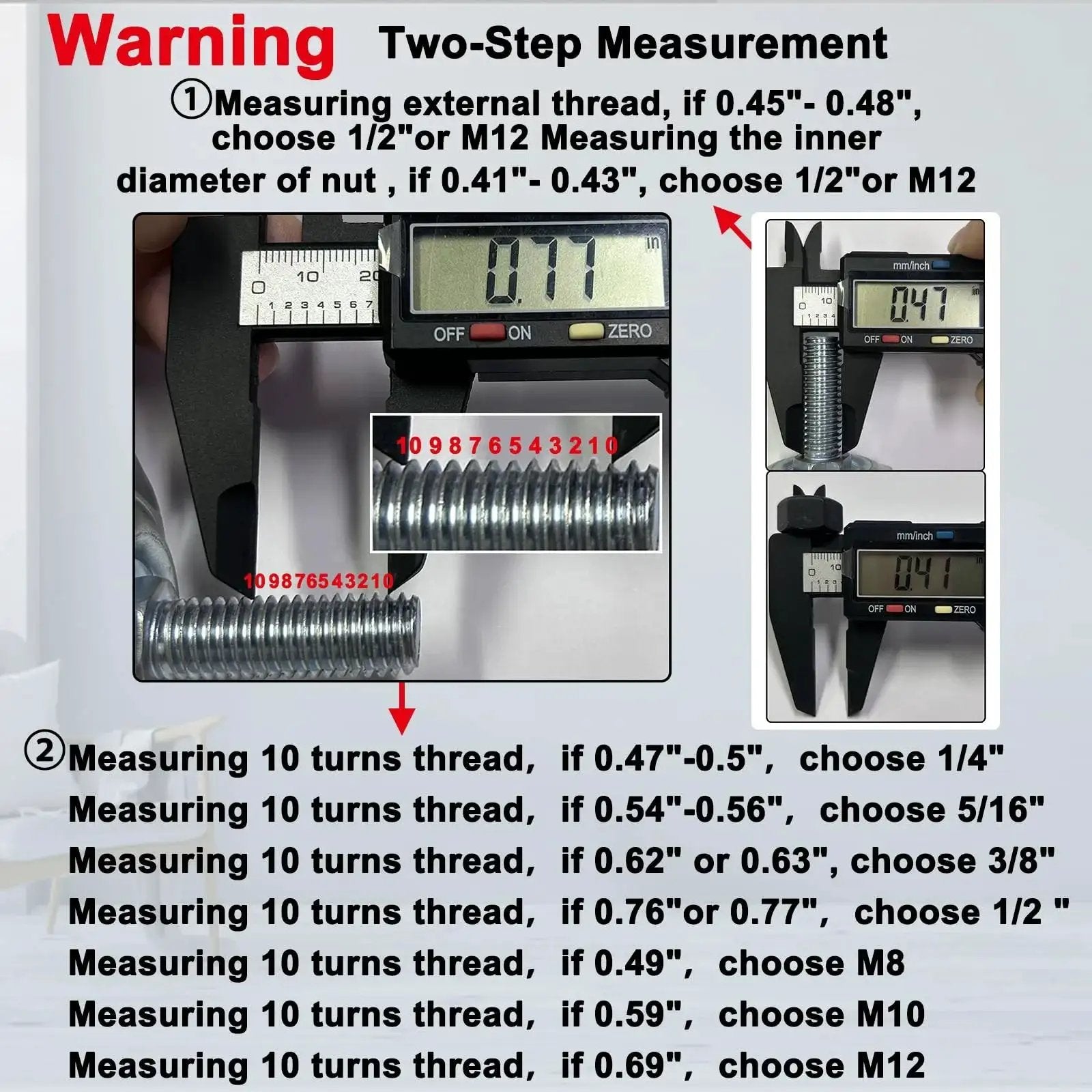Caliper measuring threaded stem dimensions with measurement warnings and size guidelines