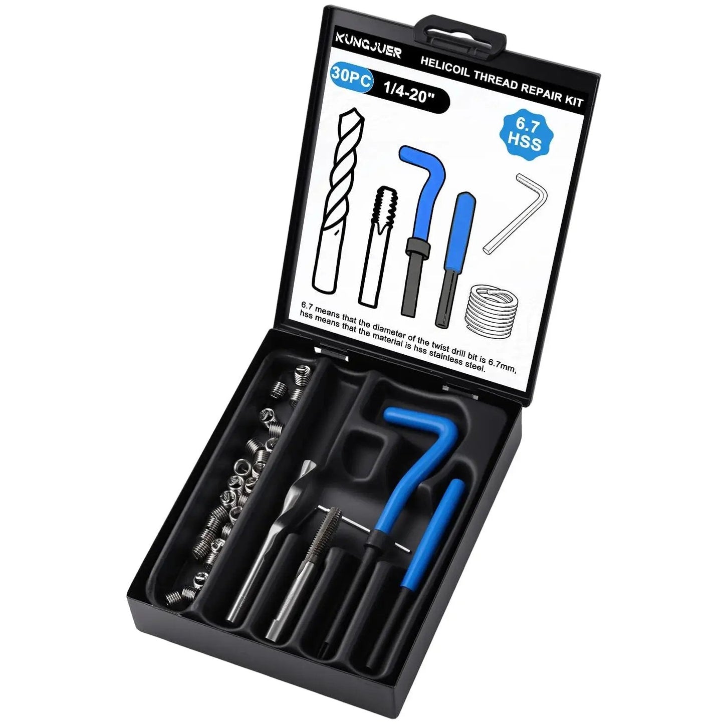30 Piece SAE Thread Repair Insert Kit For Damaged Threads 1/4-20 Inch Helicoil Set with HSS Drill Bits, taps, and tools in open case