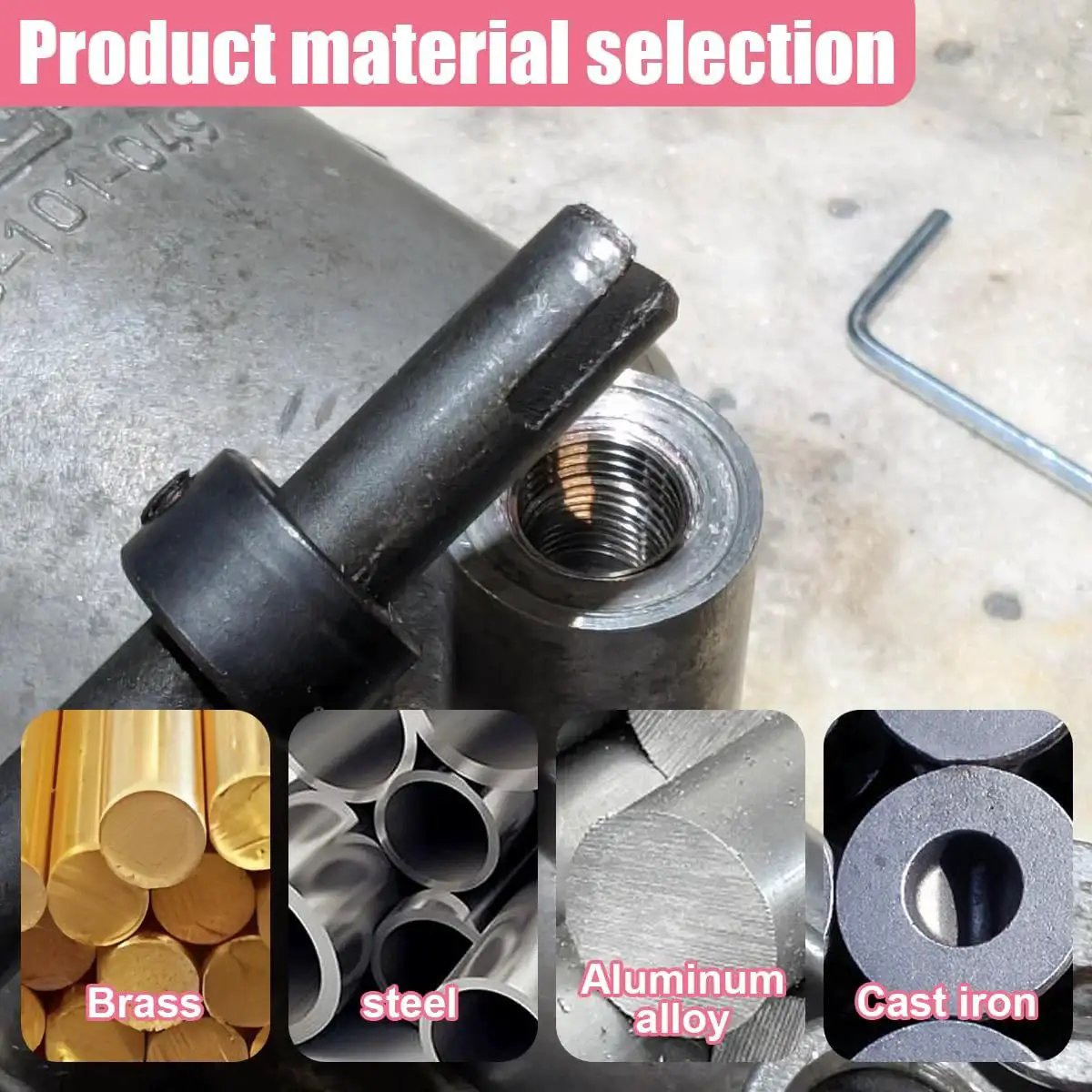M6 X 1.0mm Thread Repair Insert Kit material selection including brass, steel, aluminum alloy, and cast iron, with tools in view.