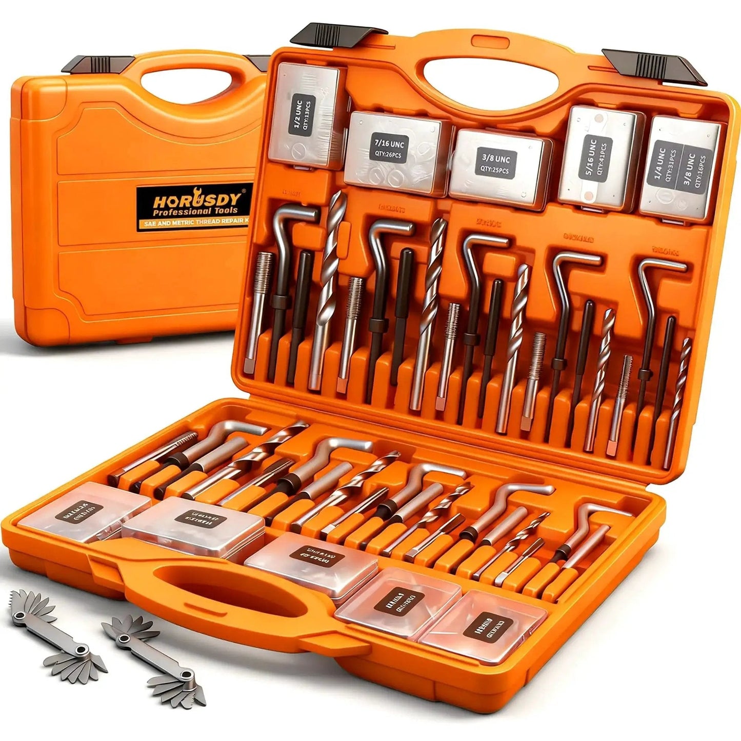 Open case of All In One 348 Piece Thread Repair Kit With Metric And SAE Helicoil Set HSS Drill Bits Taps Wire Inserts Tools