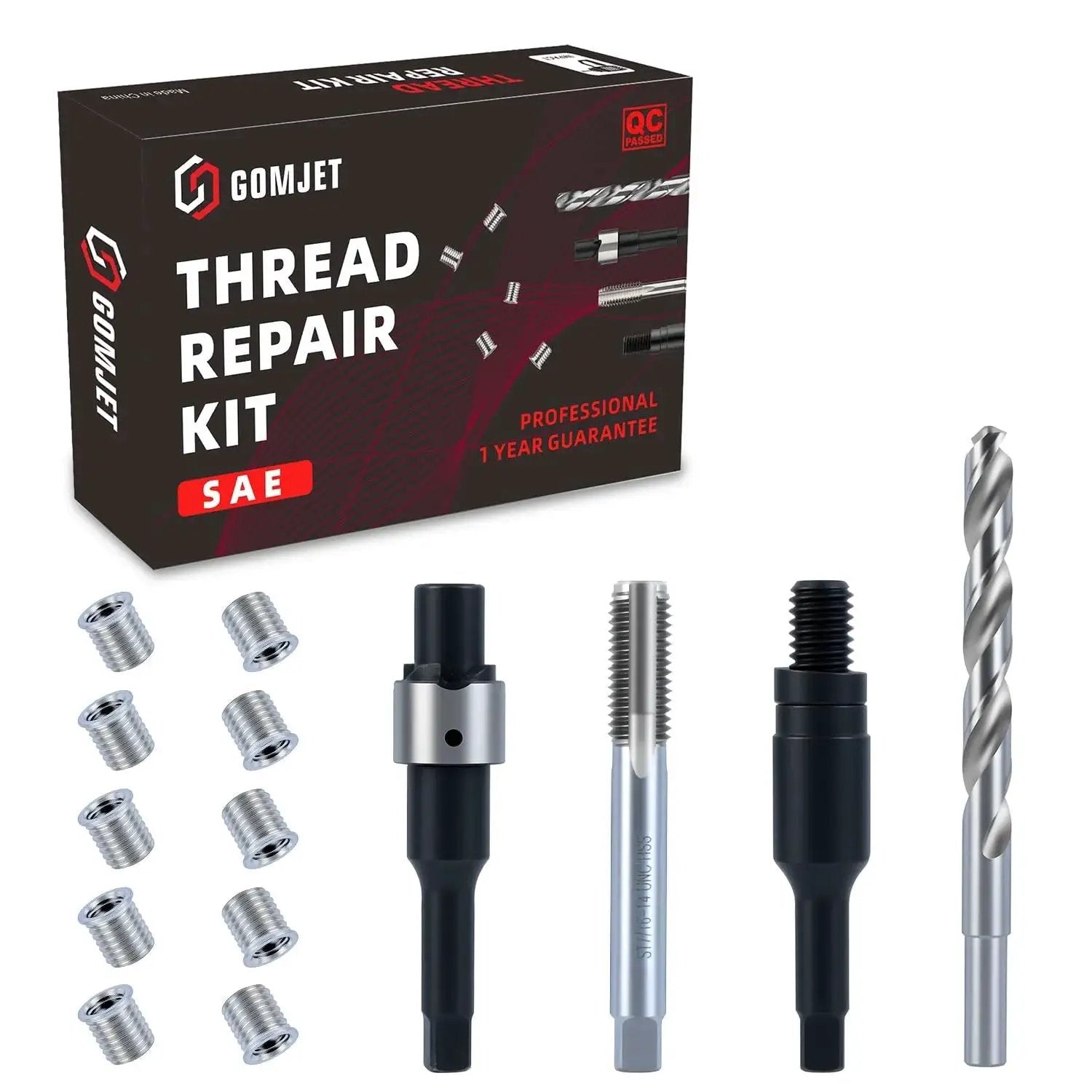 7/16-14 Inch SAE Thread Repair Kit with 0.600 Inch Stainless Steel Inserts, counterbore, drill, tap, install driver, and 10 inserts