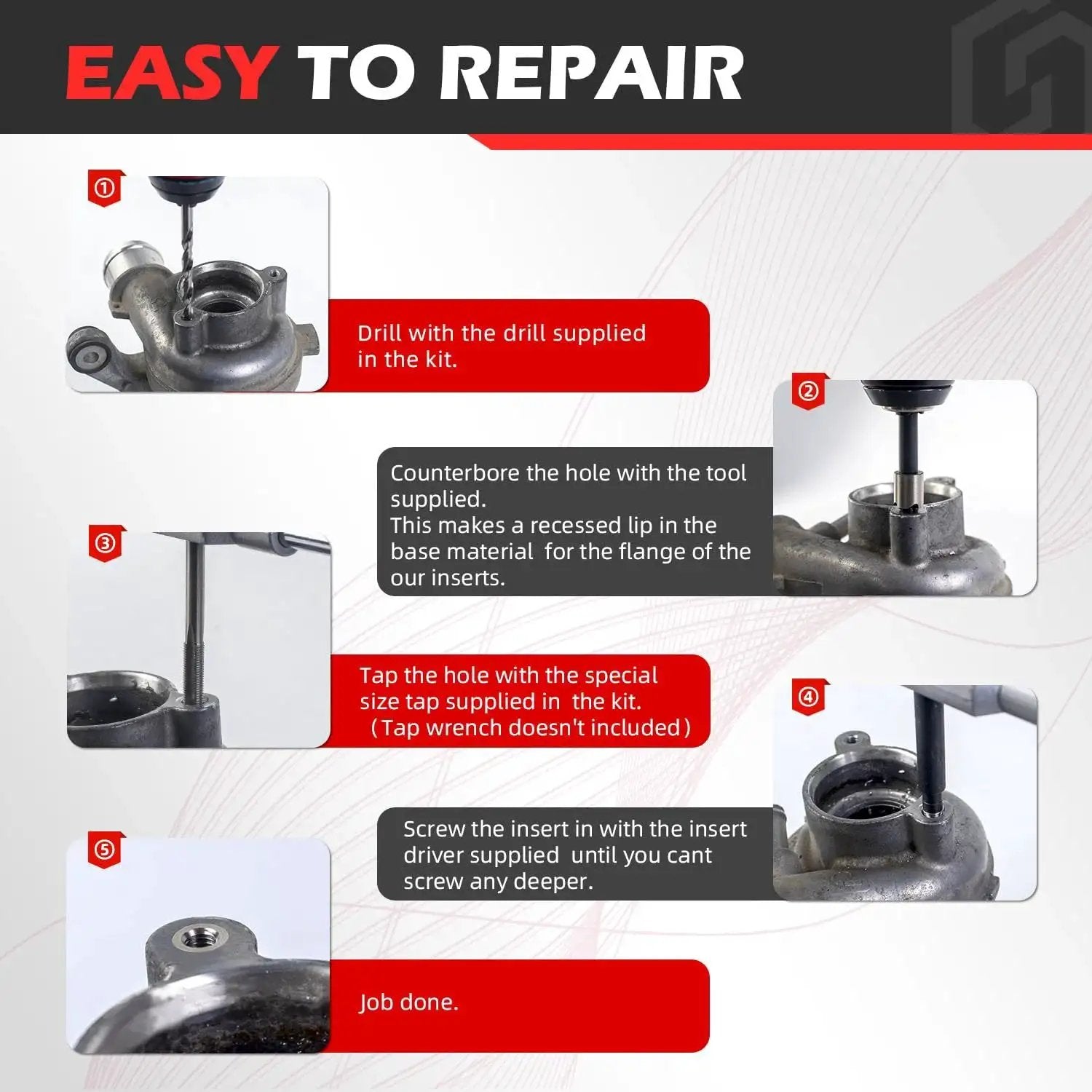 Step-by-step guide using 7/16-14 Inch SAE Thread Repair Kit with 0.600 Inch Inserts, counterbore, drill, tap, and install driver.