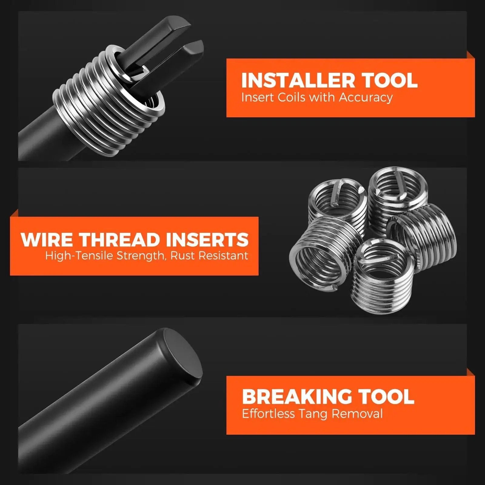 Installer tool, wire thread inserts, and breaking tool in All In One 348 Piece Thread Repair Kit With Metric And SAE Helicoil Set