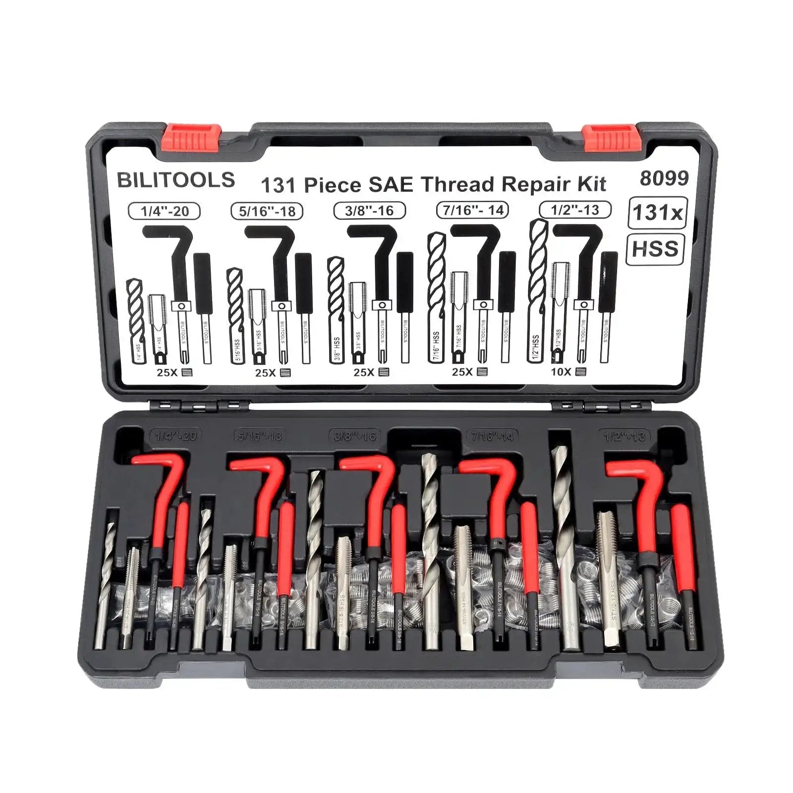 Helicoil Thread Repair Kit SAE 131-piece HSS drill and insert set for repairing damaged internal threads in metal