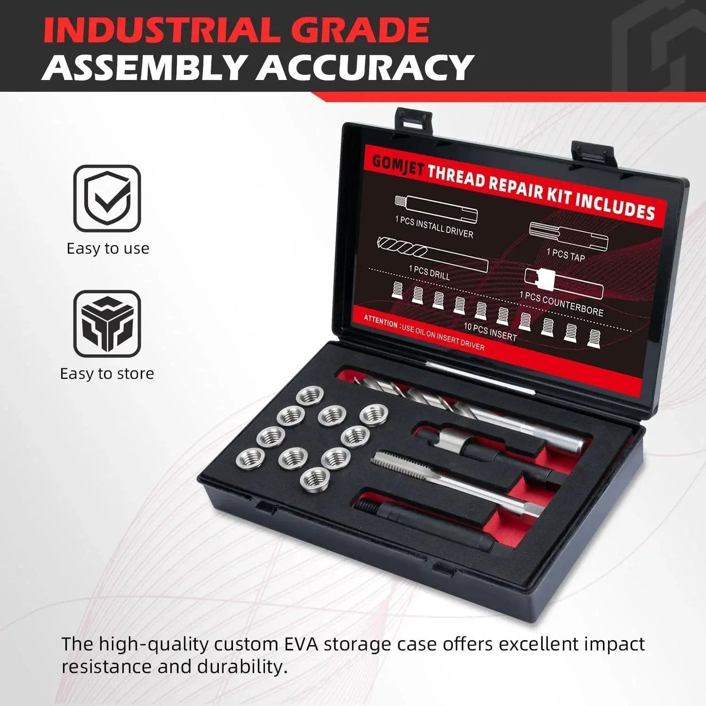 Open GOMJET thread repair kit with tools including driver, tap, drill, counterbore, and 10 stainless inserts; labeled tray display.