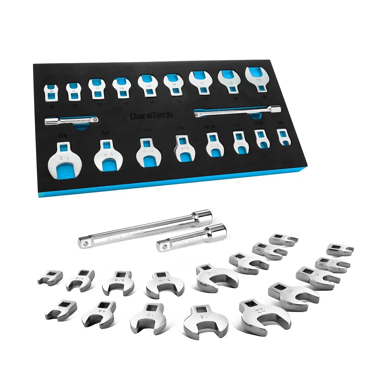Three Eighths Inch Drive Crowfoot Wrench Set with Two Extension Bars SAE and Metric Nineteen-Piece CR-V Steel with EVA Foam Tool Organizer