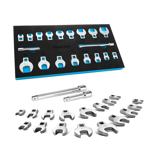 Three Eighths Inch Drive Crowfoot Wrench Set with Two Extension Bars SAE and Metric Nineteen-Piece CR-V Steel with EVA Foam Tool Organizer