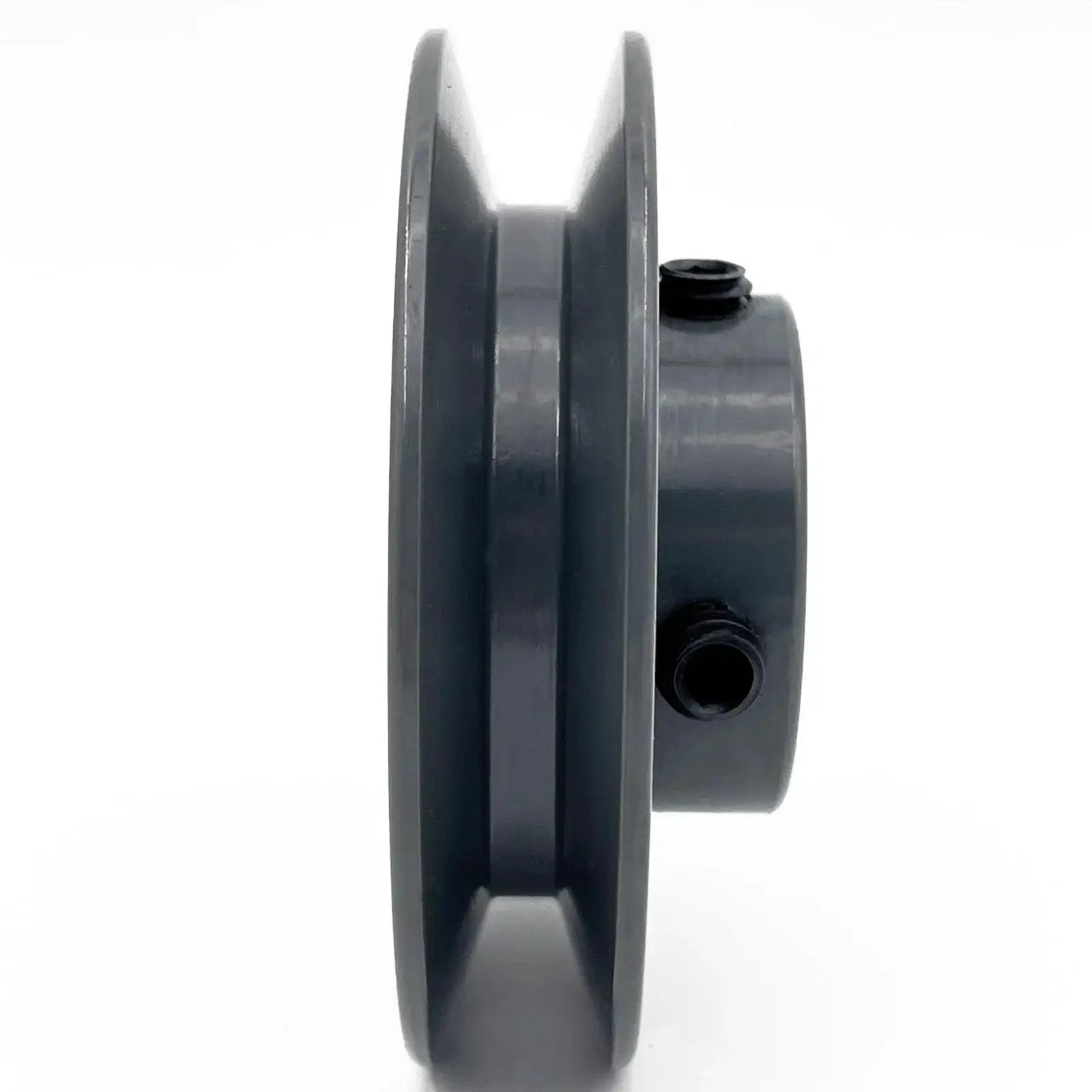 Side view of V Belt Pulley Three Inch Outer Diameter With Five Eighths Inch Bore Cast Iron Motor Pulley, one groove, durable material.