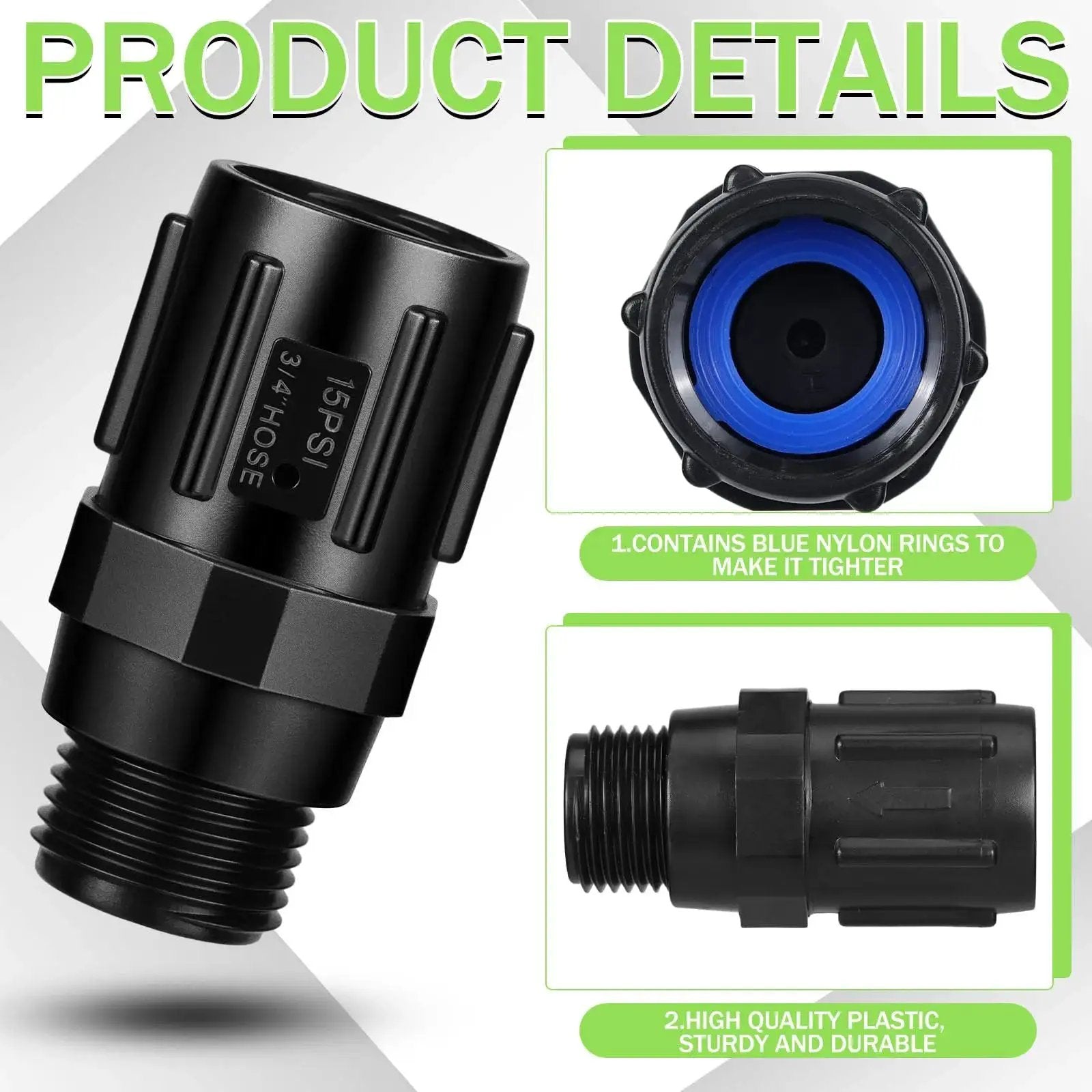 Three Pack Drip Irrigation Pressure Regulator 15 PSI, Three Quarter Inch FHT To Three Quarter Inch MHT, close-up of regulator details
