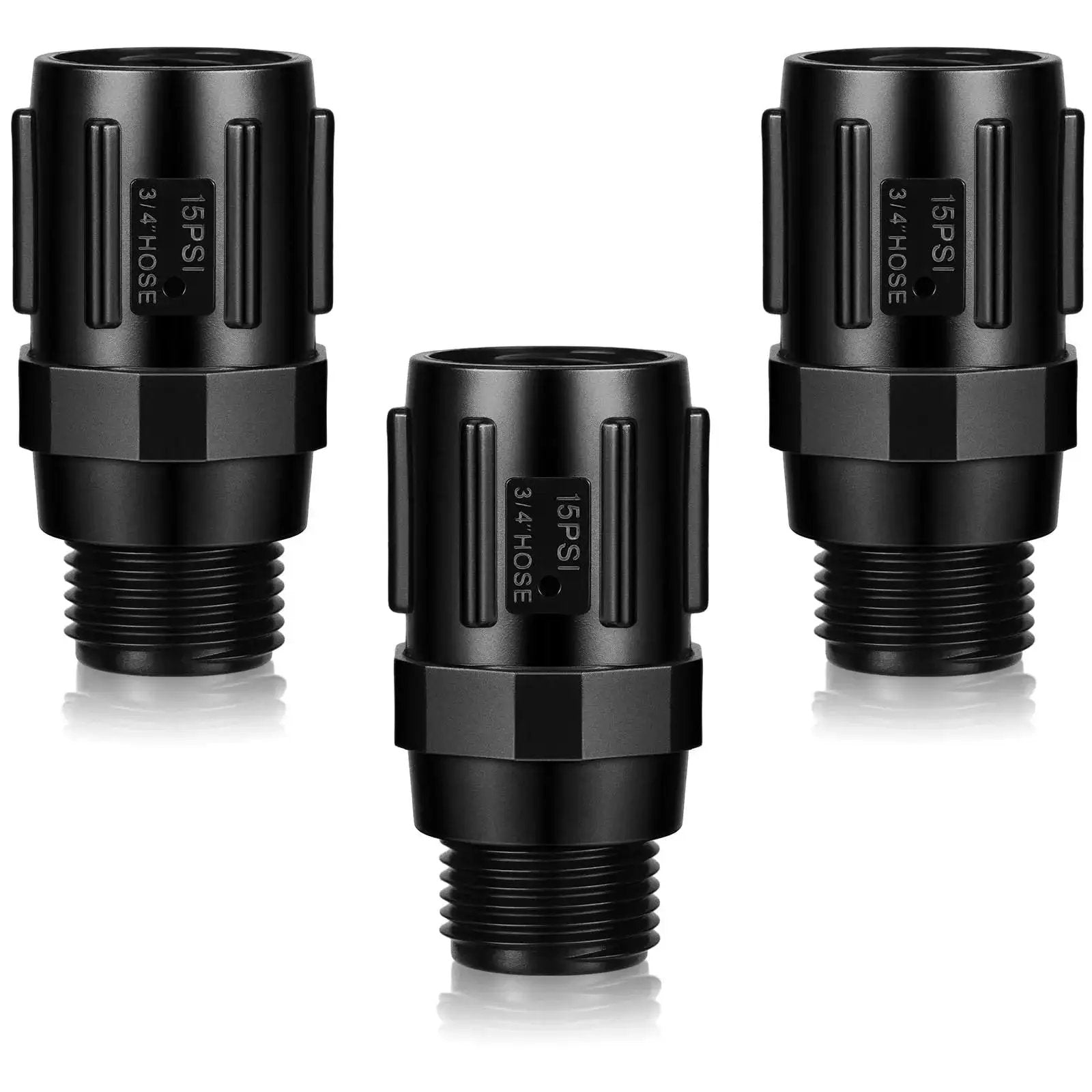 Image of Three Pack Drip Irrigation Pressure Regulator 15 PSI, Three Quarter Inch FHT To Three Quarter Inch MHT, for garden systems.