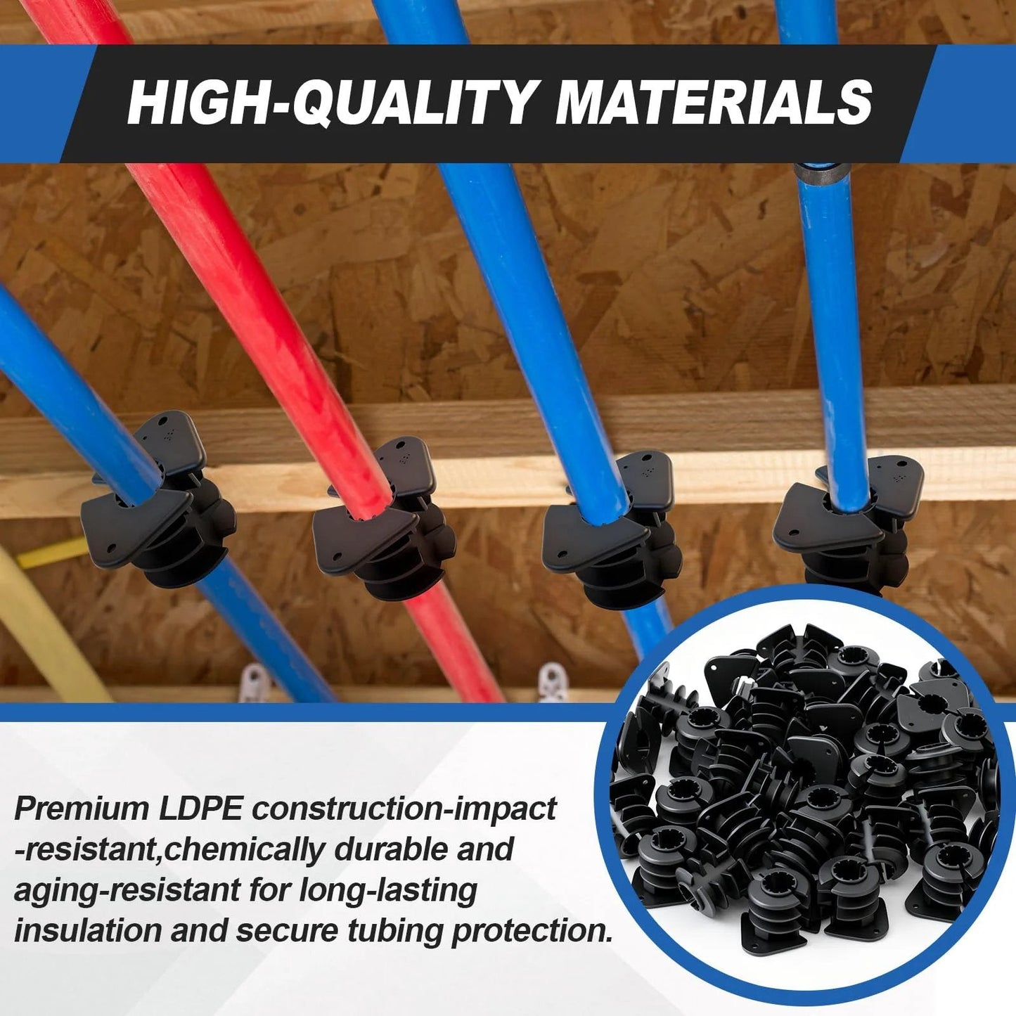 Fifty Pack Three Quarter Inch Through Stud Isolation Clamp Set For PEX Copper CPVC Plumbing Systems installed on pipes in wood framing.