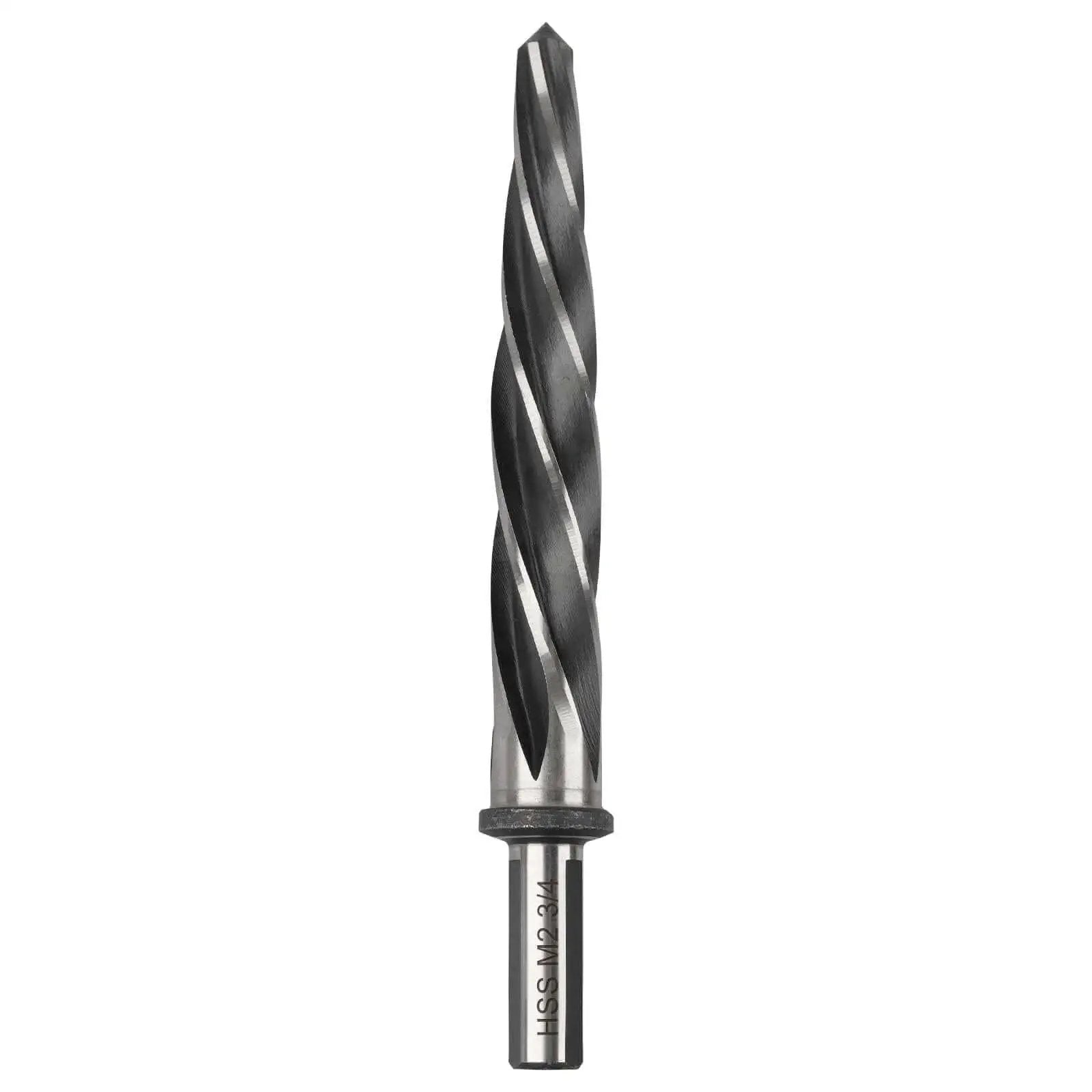 Front view of Three Quarter Inch M2 HSS Taper Chucking Reamer Drill Bit For Precision Hole Sizing And Realigning Pre Drilled Holes In Steel Alloy Aluminum Wood And Plastic Heavy Duty Pro Grade Rocaris.