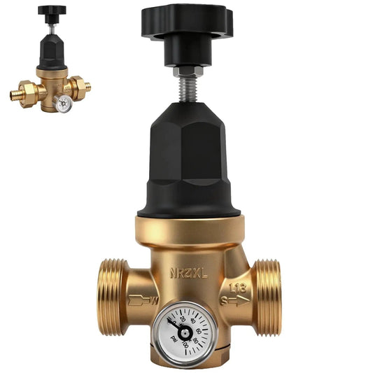 Upgraded Three Quarter Inch Water Pressure Regulator With FNPT Double Union Polymer Body Visual Pressure Gauge And Adjustable Ten To Seventy PSI
