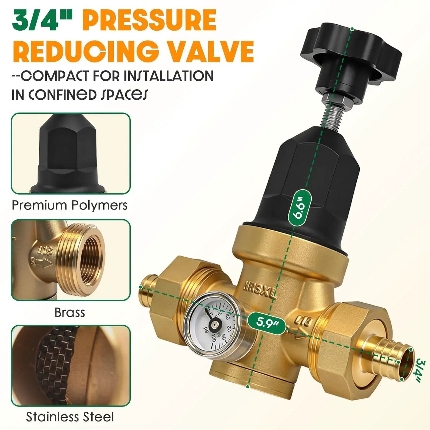 Upgraded Three Quarter Inch Water Pressure Regulator With FNPT Double Union Polymer Body Visual Pressure Gauge And Adjustable Ten To Seventy PSI