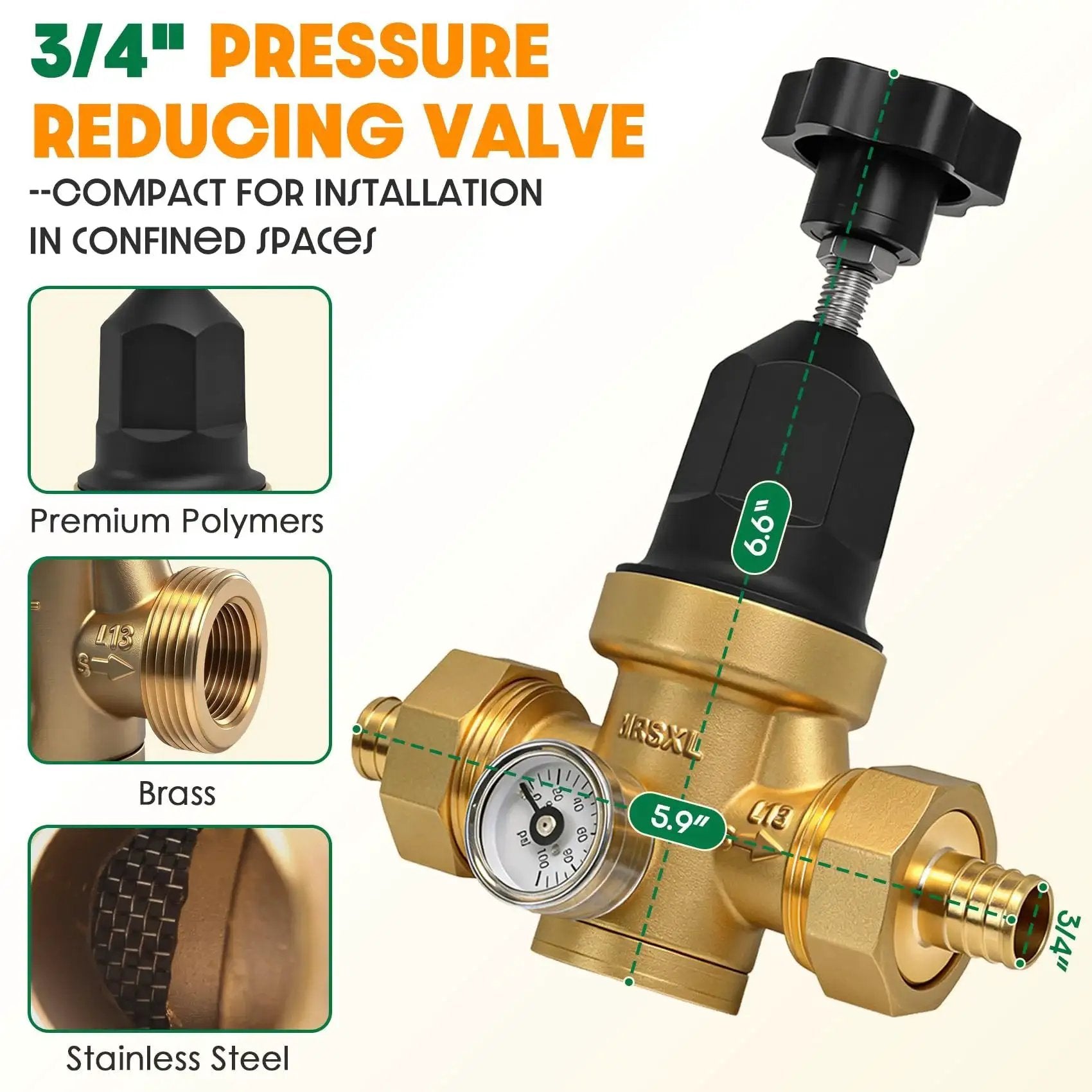 Upgraded Three Quarter Inch Water Pressure Regulator With FNPT Double Union Polymer Body Visual Pressure Gauge And Adjustable Ten To Seventy PSI