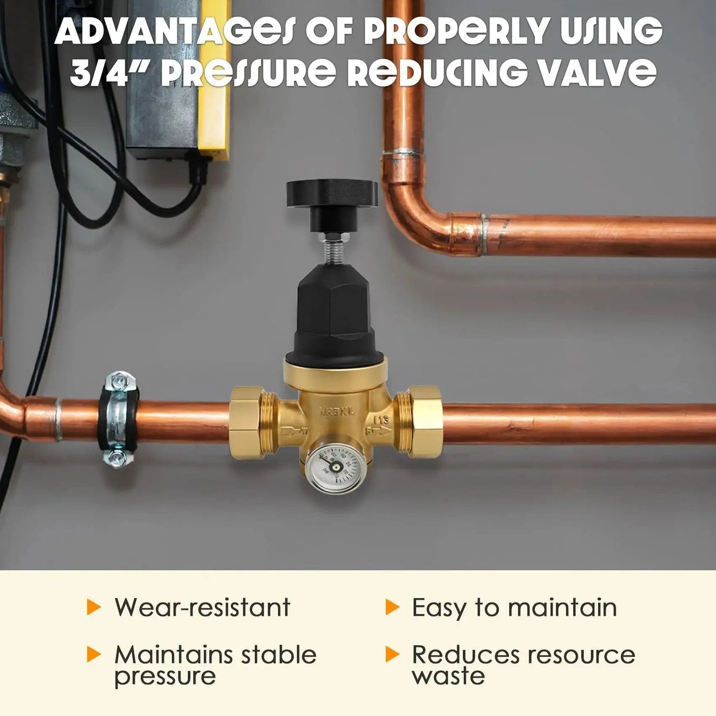 Installed Upgraded Three Quarter Inch Water Pressure Regulator With FNPT Double Union Polymer Body Visual Pressure Gauge
