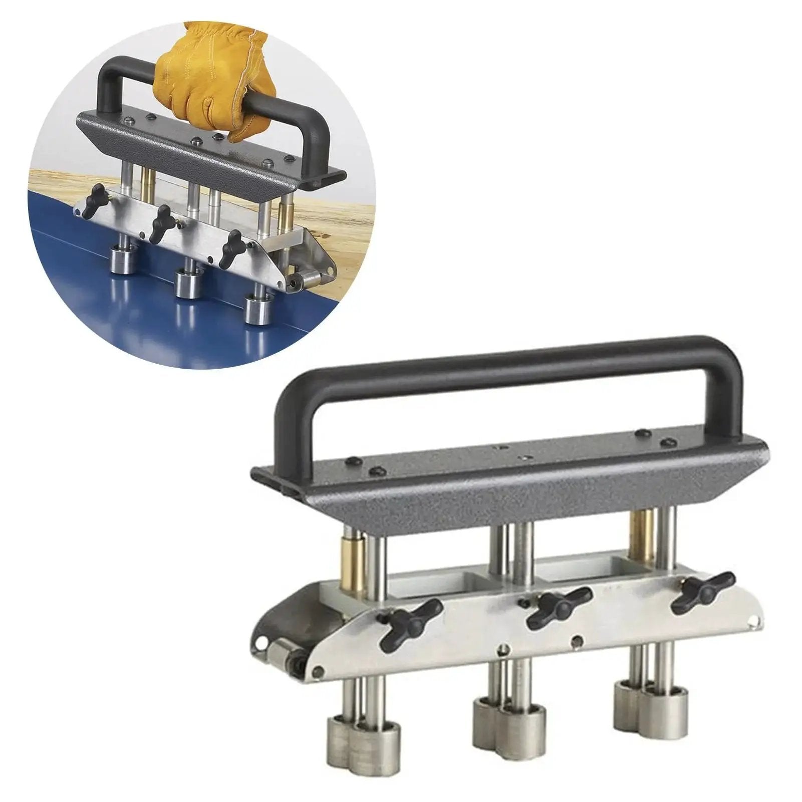 Three Station Edge Roller Bender for Sheet Metal Bending 0 to 90 Degree Angles with V Shaped Roller Brake, shown in use and separately