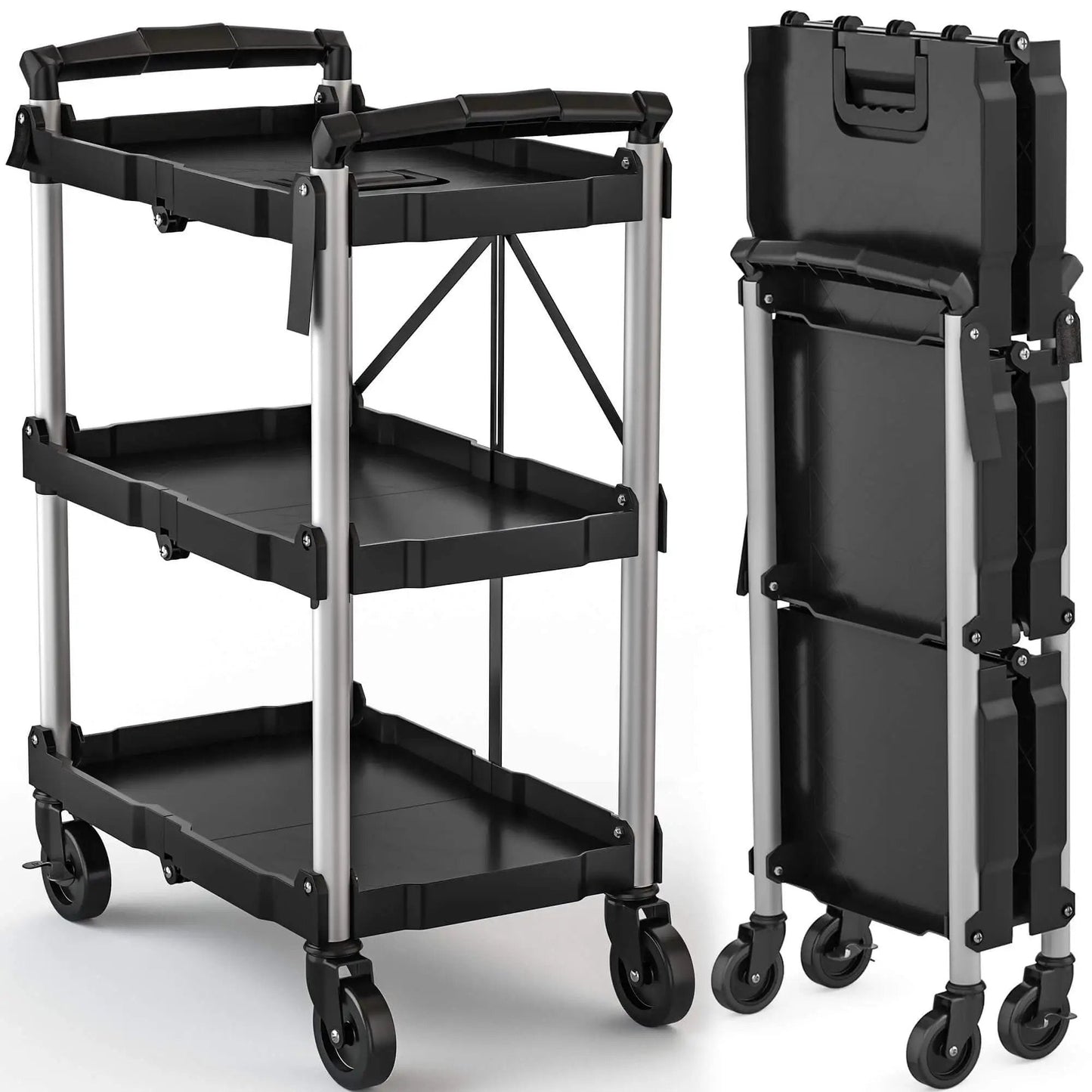 Heavy Duty Folding Utility Cart With 3 Tier Shelves DWVO 240 Lb Load Capacity Collapsible Rolling Cart With 360 Degree Swivel Wheels And Brakes A Real Workhorse For Kitchen Garage Warehouse And DIY Projects