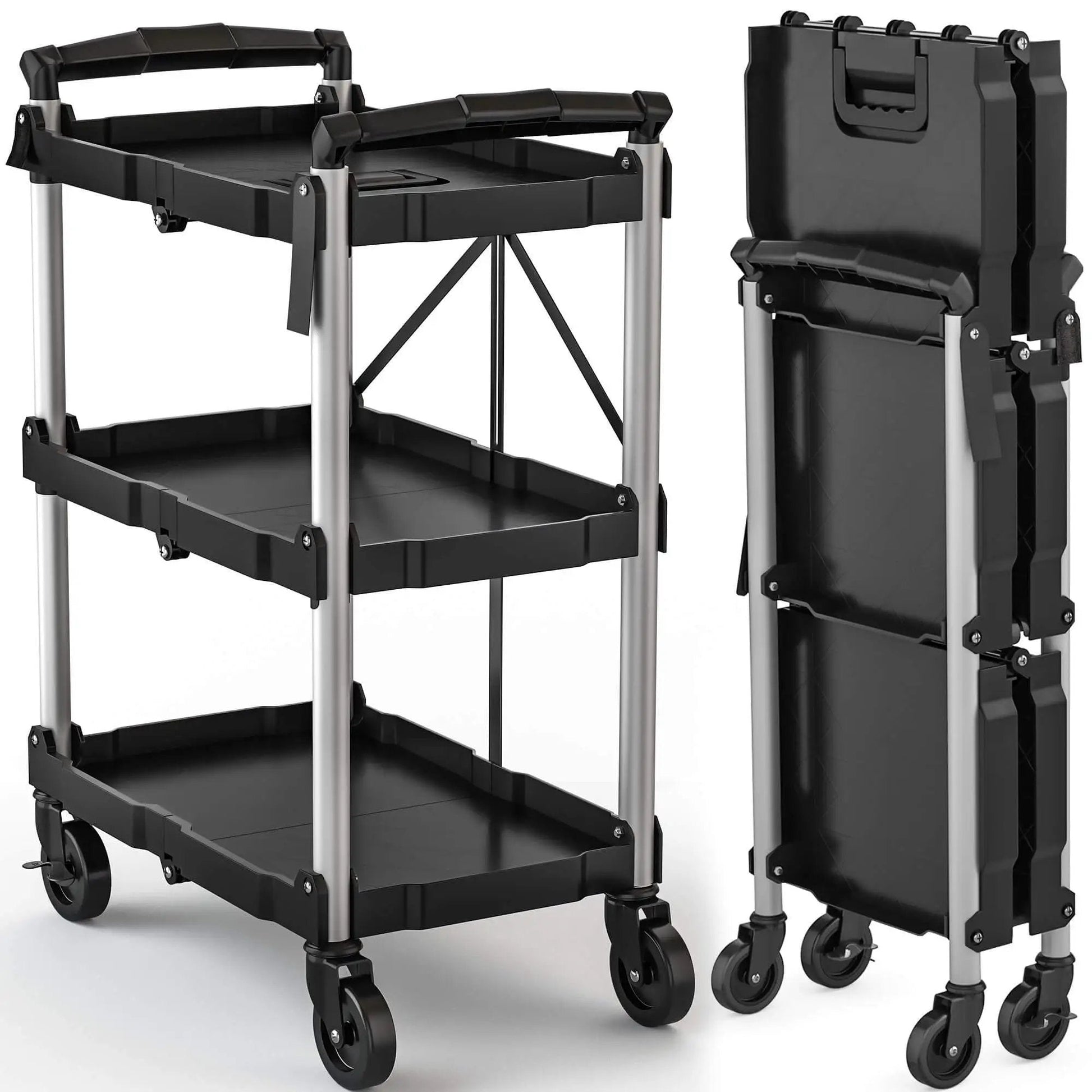 Heavy Duty Folding Utility Cart With 3 Tier Shelves DWVO 240 Lb Load Capacity Collapsible Rolling Cart With 360 Degree Swivel Wheels And Brakes A Real Workhorse For Kitchen Garage Warehouse And DIY Projects