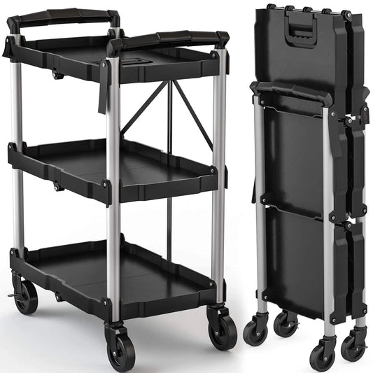 Heavy Duty Folding Utility Cart With 3 Tier Shelves DWVO 240 Lb Load Capacity Collapsible Rolling Cart With 360 Degree Swivel Wheels And Brakes A Real Workhorse For Kitchen Garage Warehouse And DIY Projects