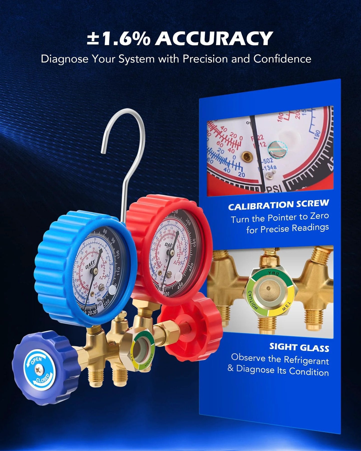 Professional Three Way Car AC Gauges Kit With Five Foot Hoses R134a R12 R502 Refrigerant Compatibility close-up of gauges and calibration screw.