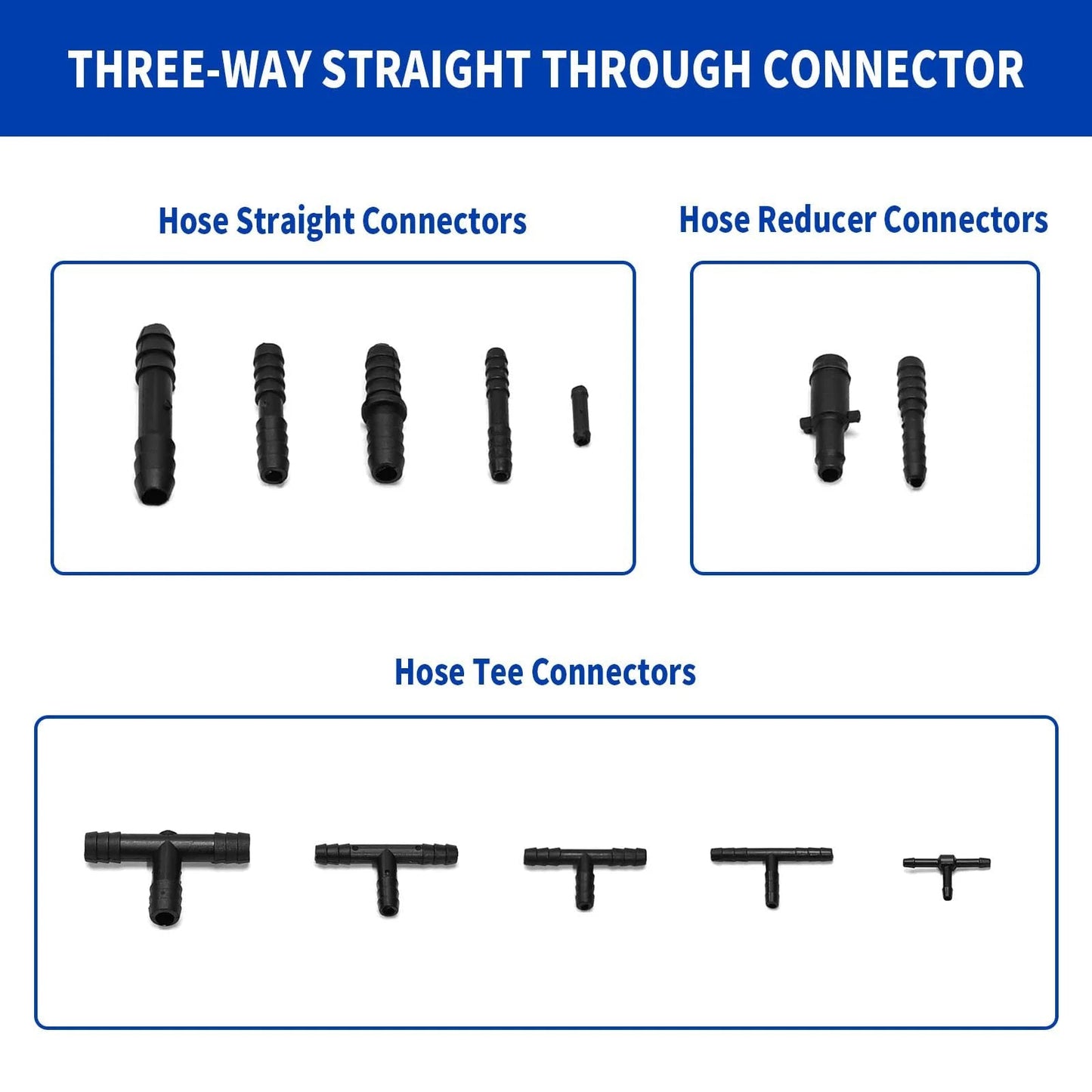 All Purpose 128 Piece Vacuum Hose Connector Kit With Nylon Barbed Tee And Straight Quick Connectors High Temperature Resistant For Automotive Vacuum Lines Pneumatic Tools Vacuum Systems Pipeline Repairs And DIY Projects 12 Sizes Included, showing various hose connectors.