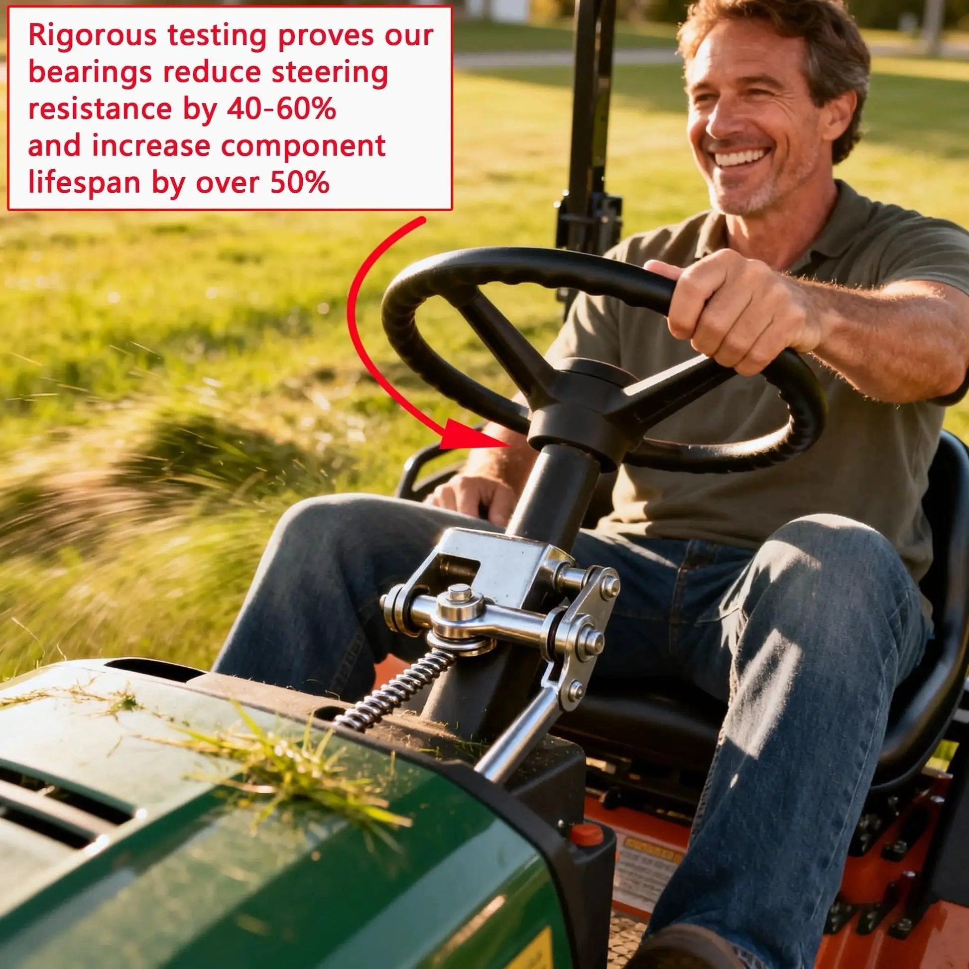 Man riding lawn tractor using Professional Grade Thrust Needle Roller Bearing Set for easy steering, enhancing mower performance.