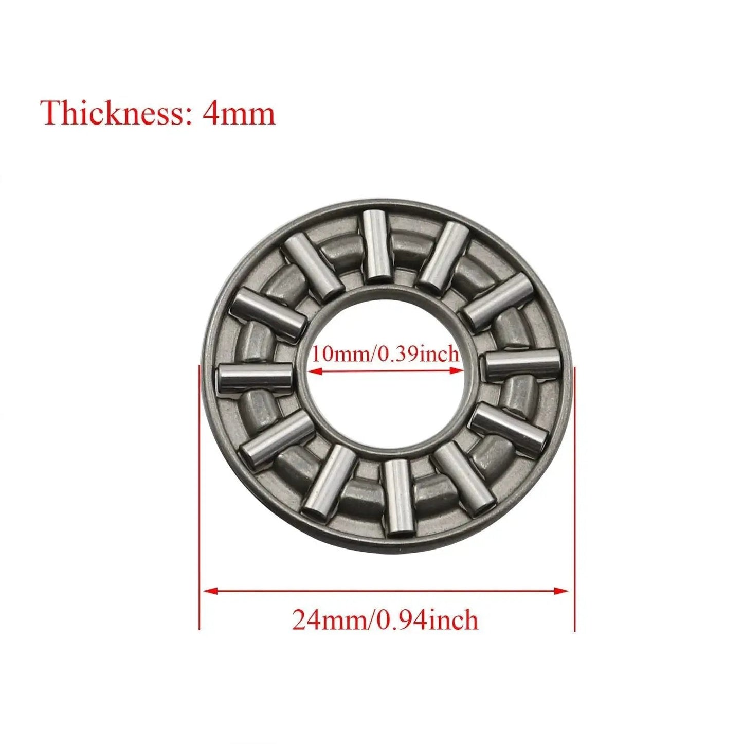 Image of Thrust Needle Roller Bearing Set AXK1024 with Washers, showing 10mm bore, 24mm outer diameter, and 4mm thickness.