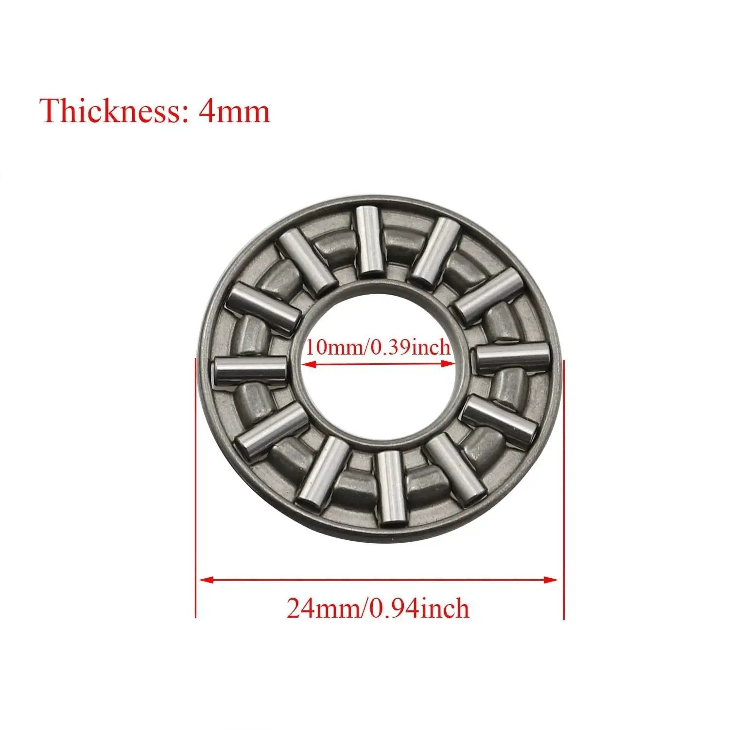 Image of Thrust Needle Roller Bearing Set AXK1024 with Washers, showing 10mm bore, 24mm outer diameter, and 4mm thickness.